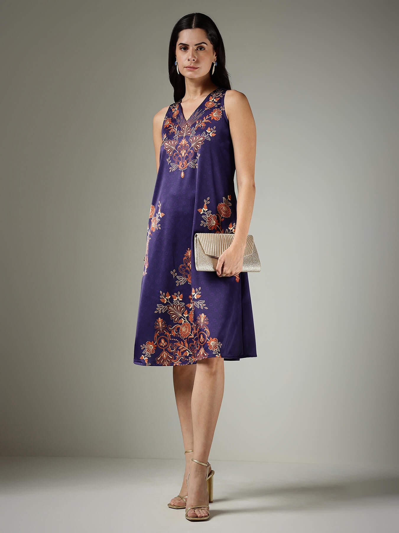 Satin A-Line Floral Dress - Navy Blue
