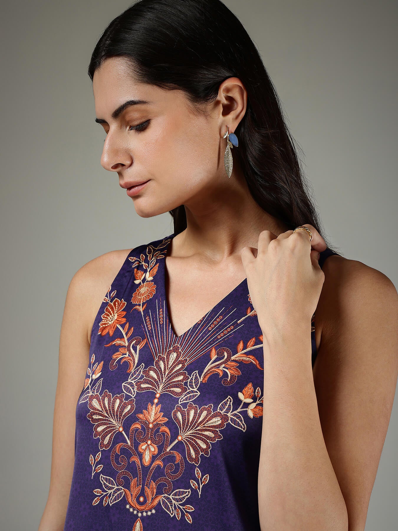 Satin A-Line Floral Dress - Navy Blue