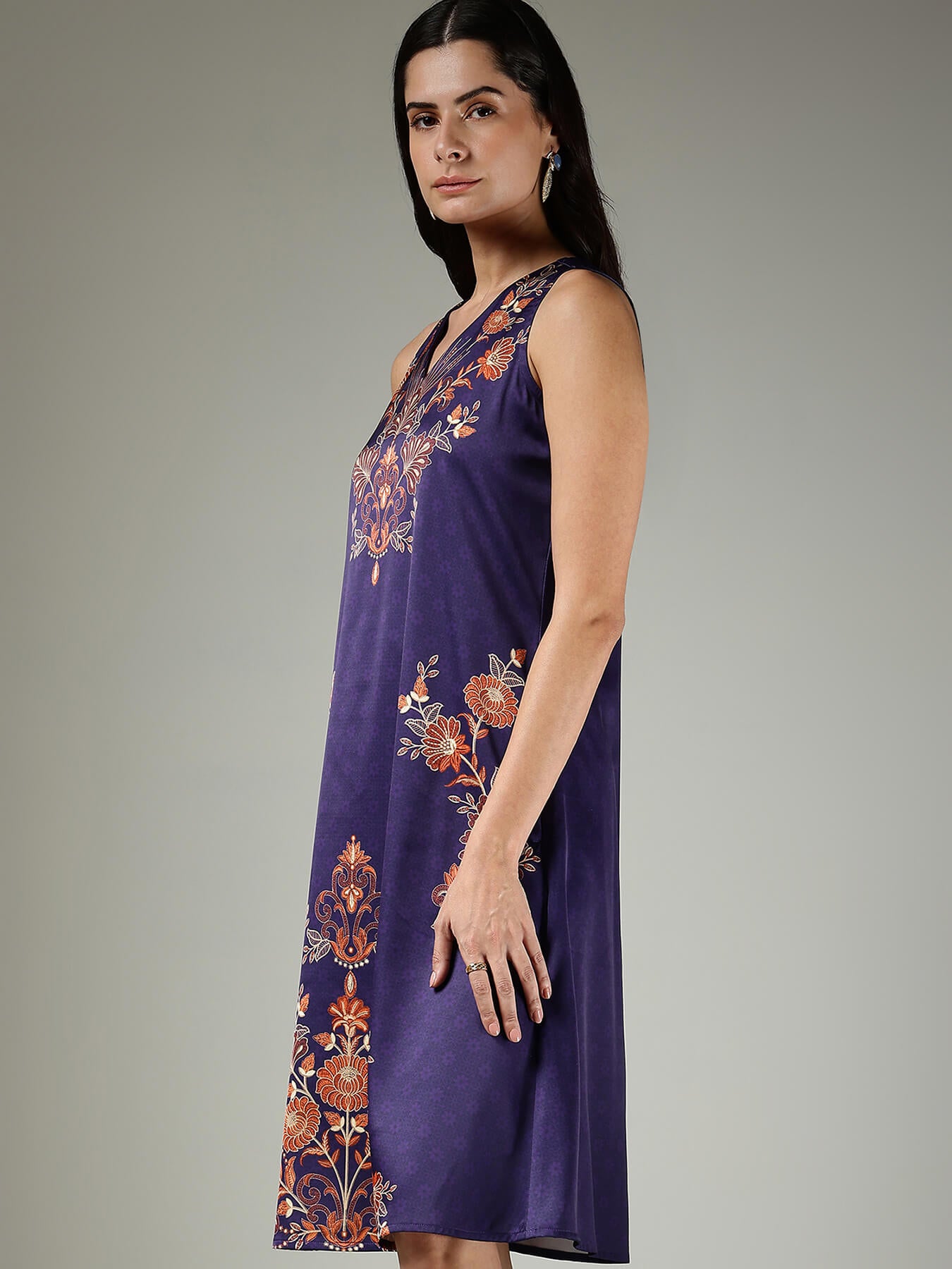 Satin A-Line Floral Dress - Navy Blue