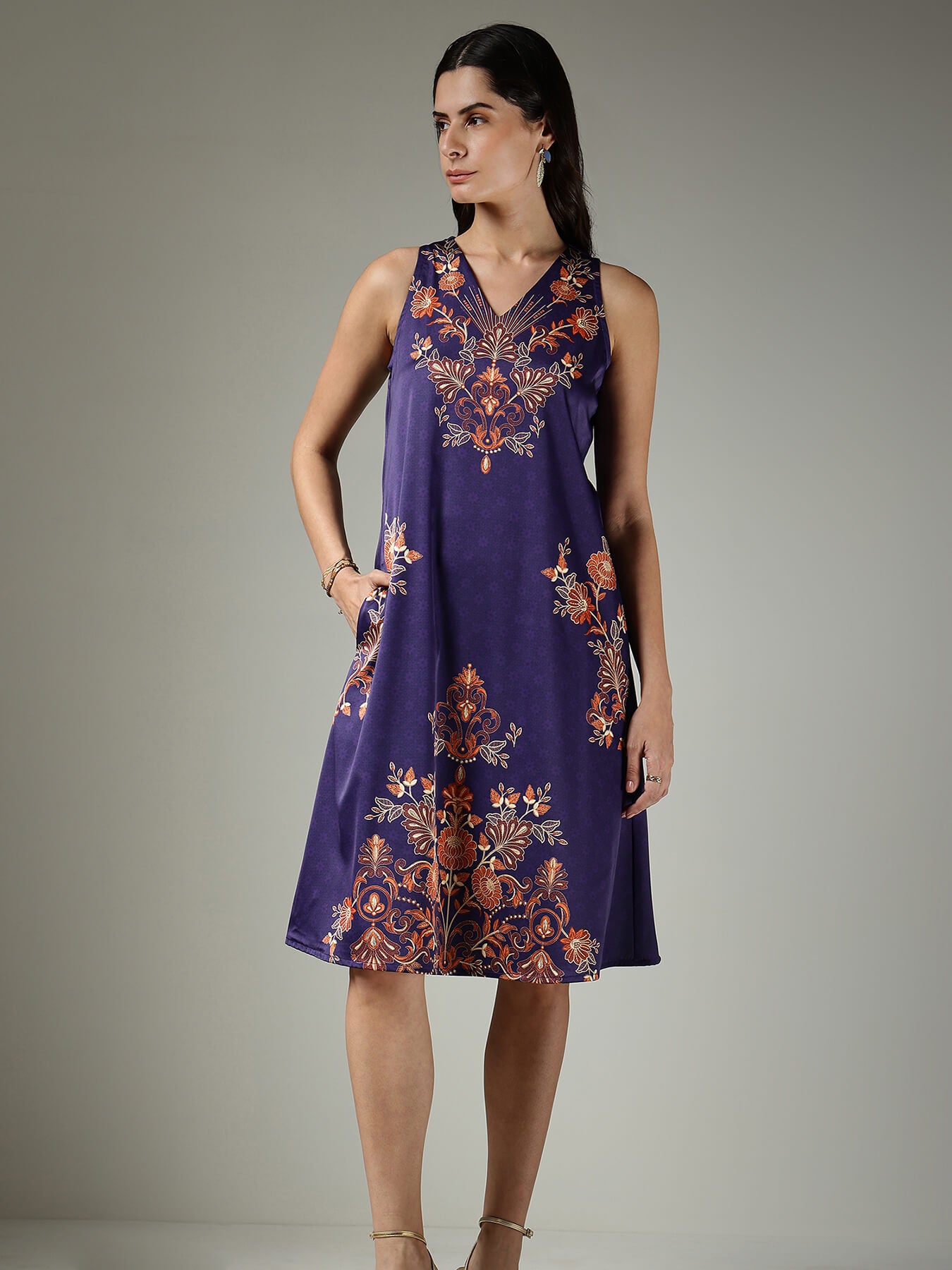 Satin A-Line Floral Dress - Navy Blue