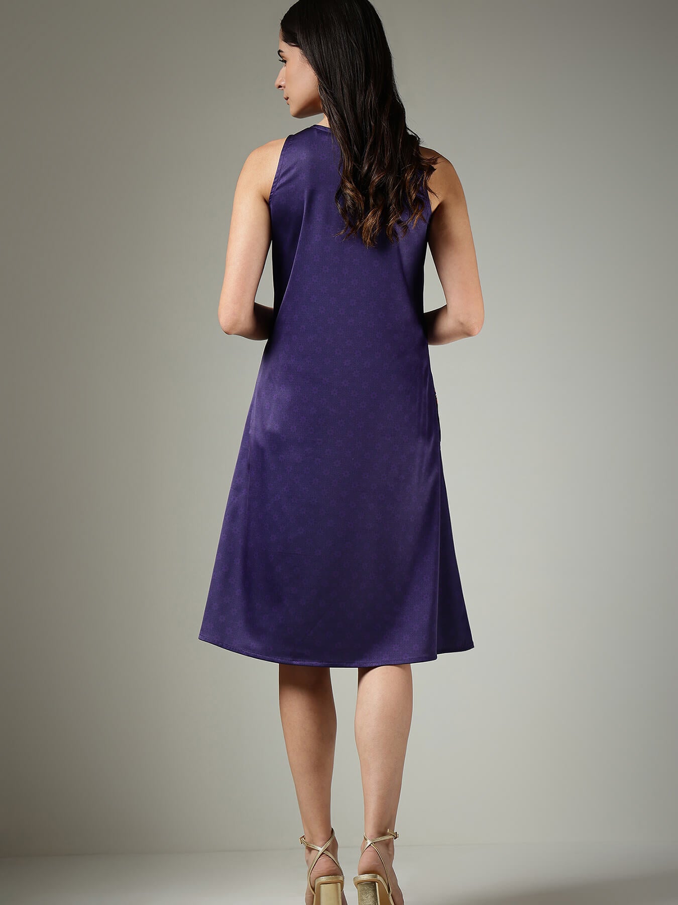 Satin A-Line Floral Dress - Navy Blue