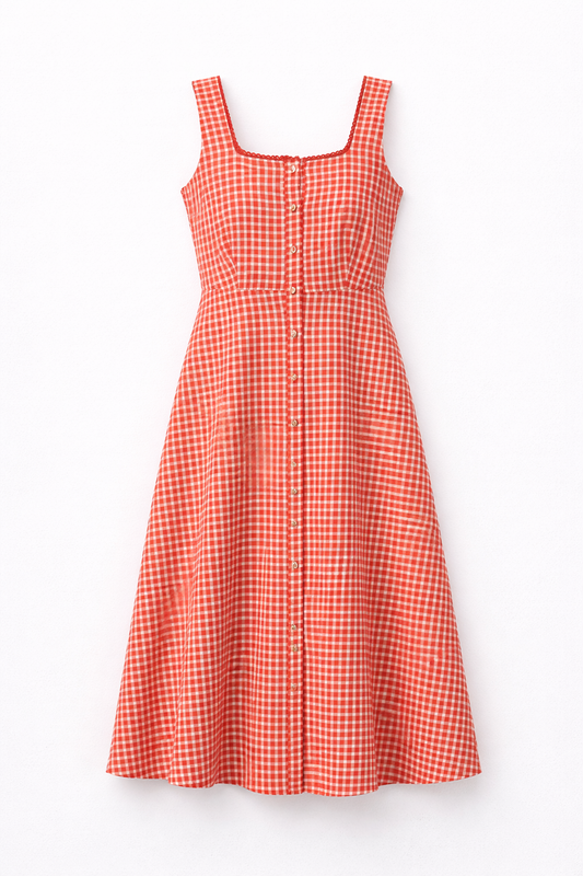 Cotton Fit & Flare Gingham Dress - Rust