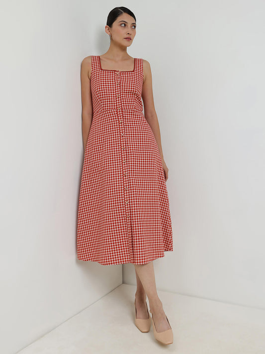 Cotton Fit & Flare Gingham Dress - Rust