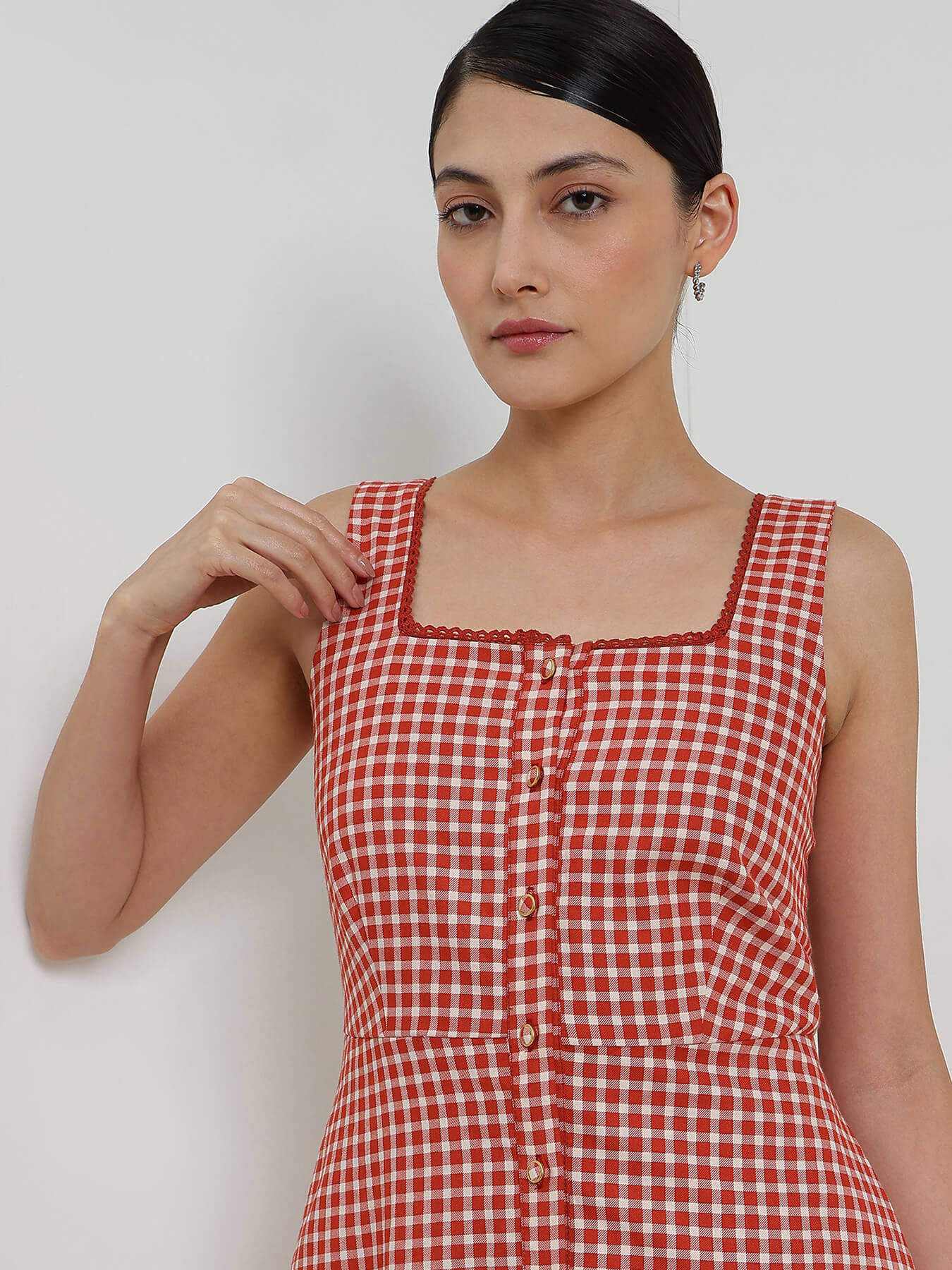Cotton Fit & Flare Gingham Dress - Rust