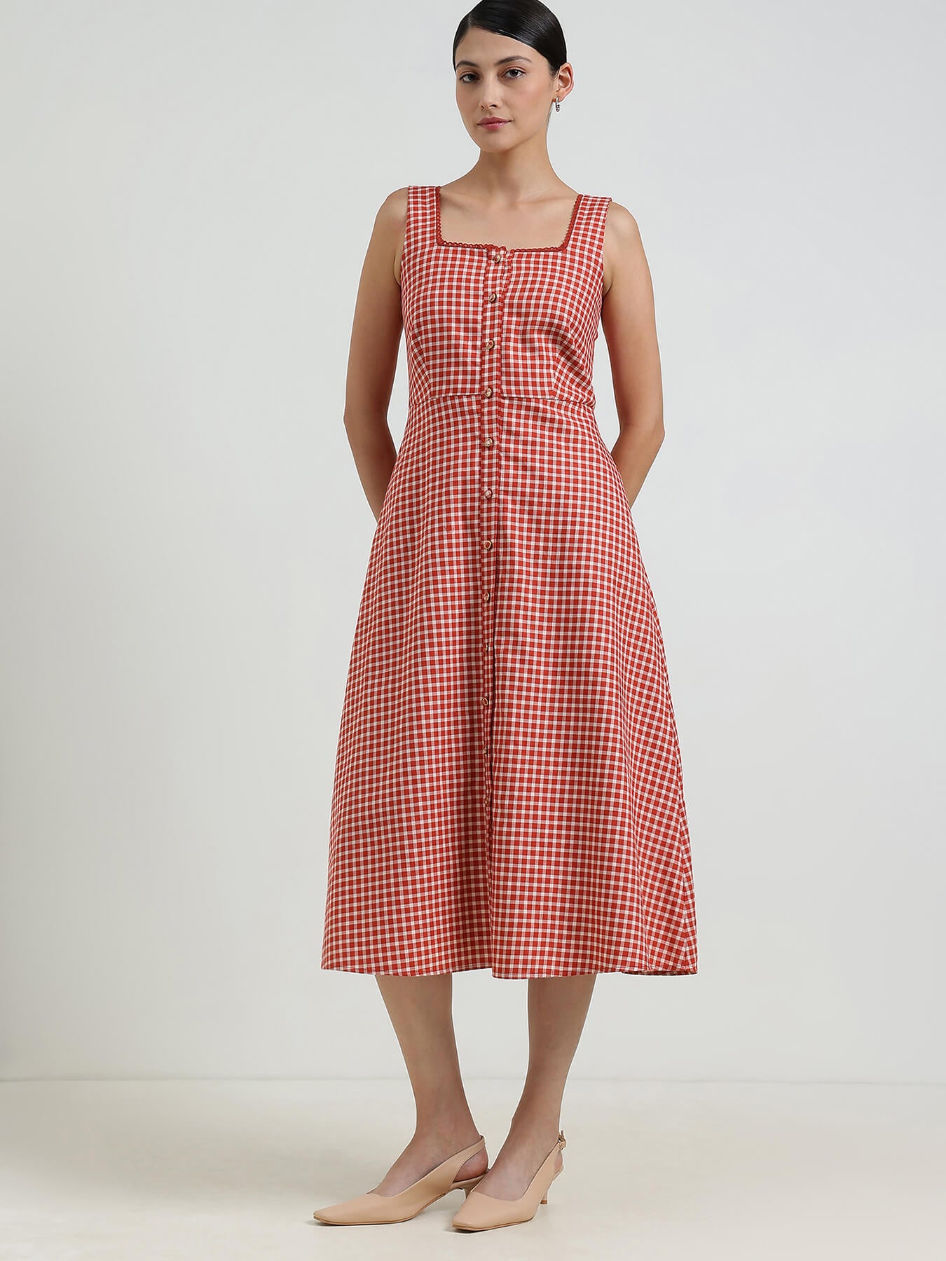Cotton Fit & Flare Gingham Dress - Rust