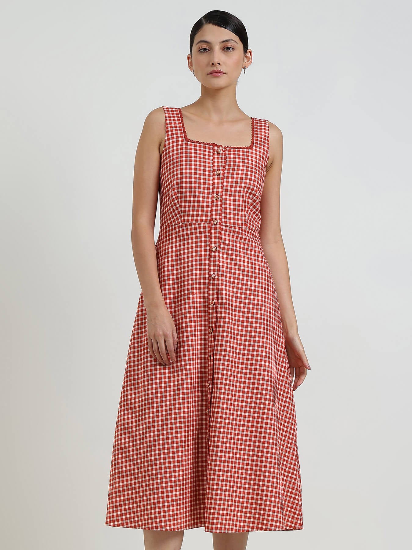 Cotton Fit & Flare Gingham Dress - Rust