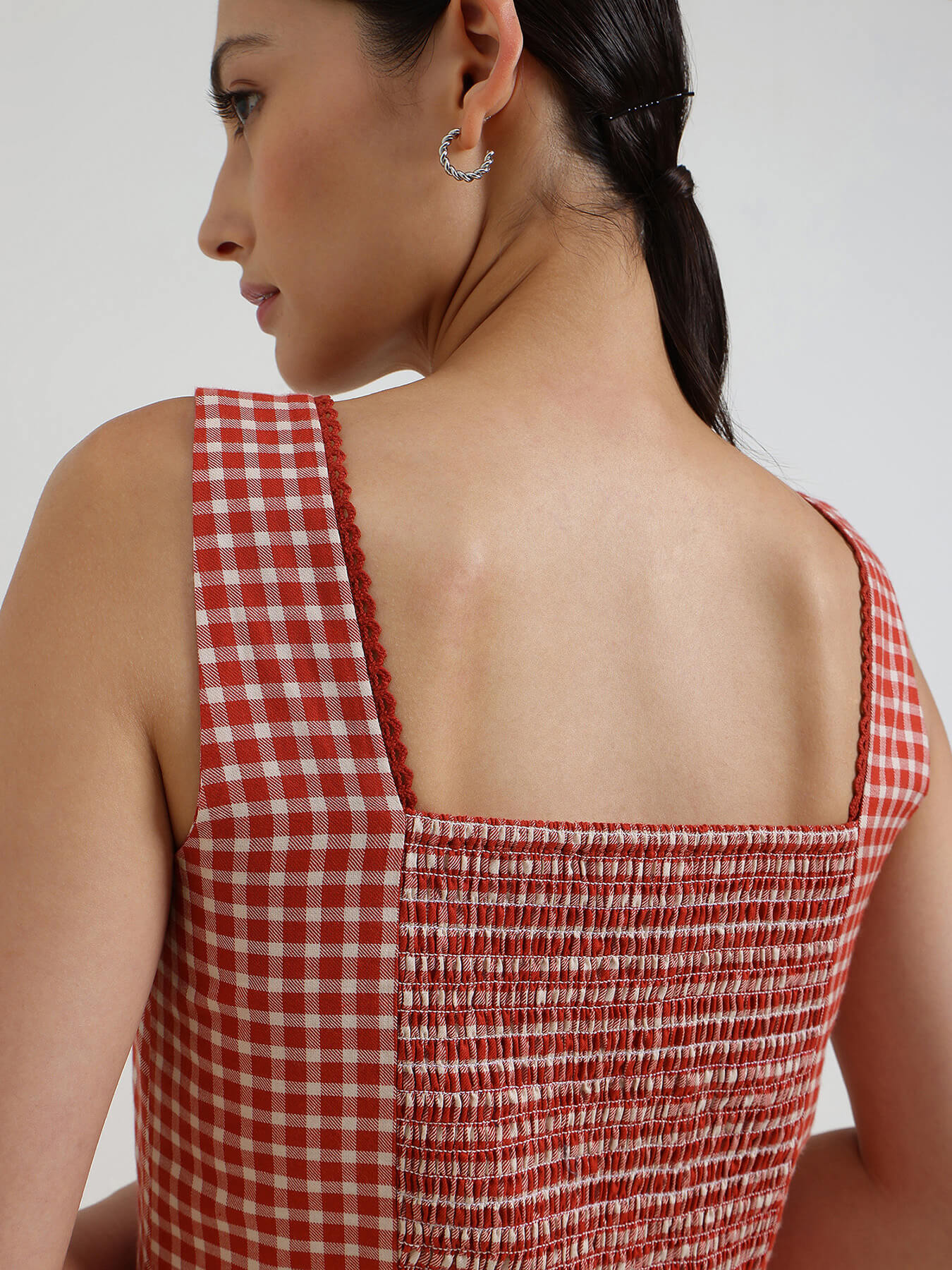 Cotton Fit & Flare Gingham Dress - Rust