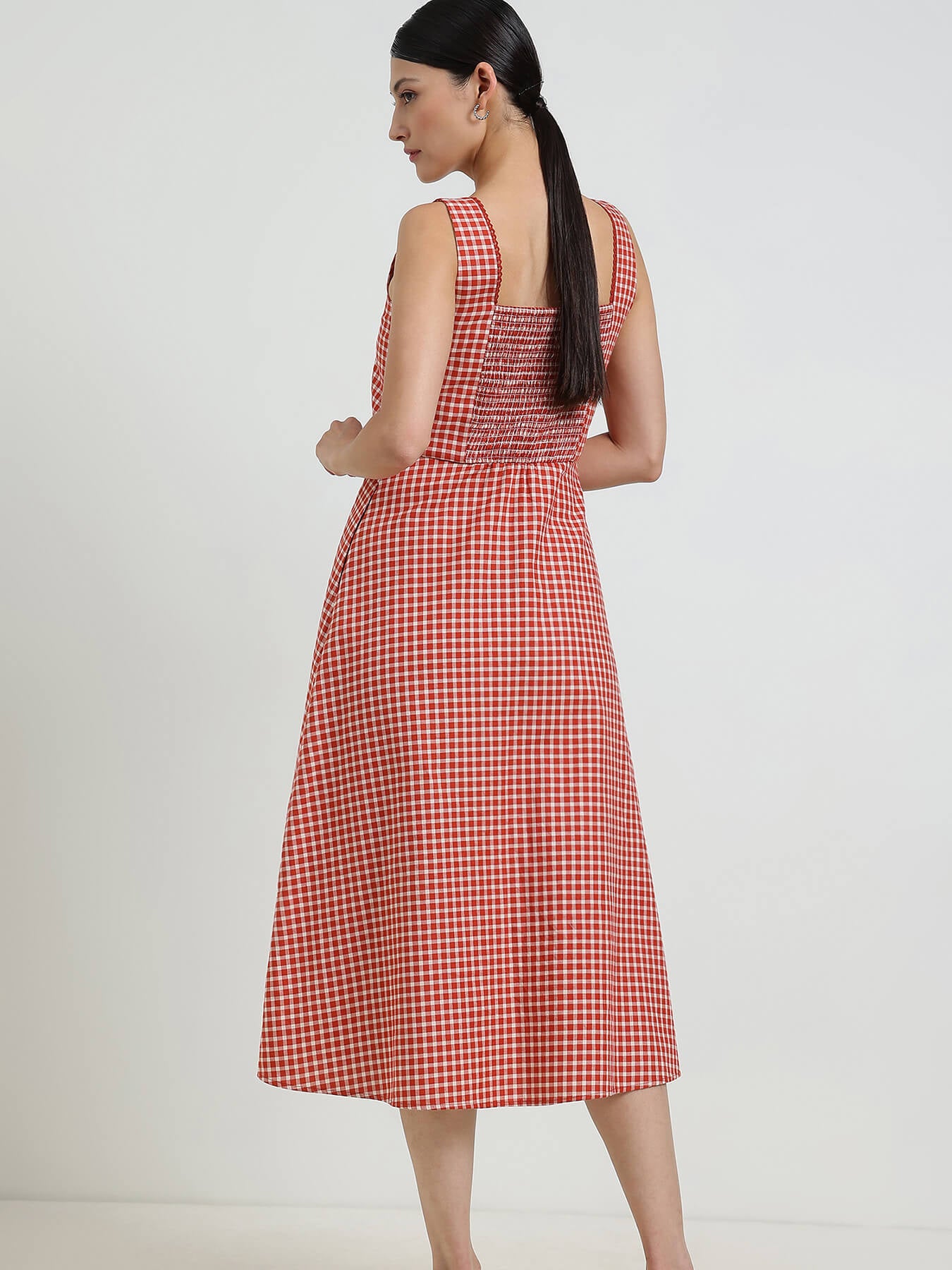 Cotton Fit & Flare Gingham Dress - Rust