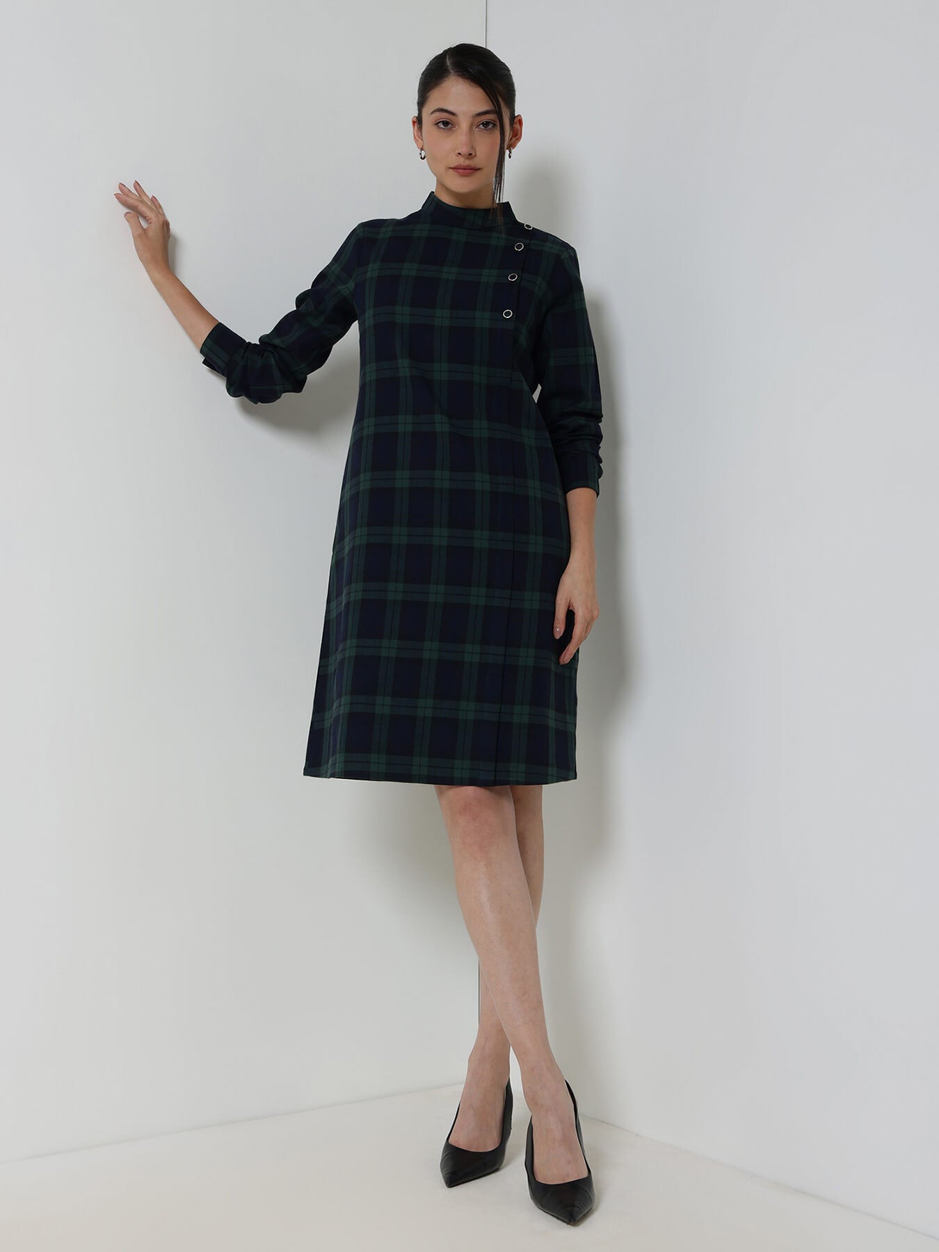 Cotton Checkered Shift Dress - Blue