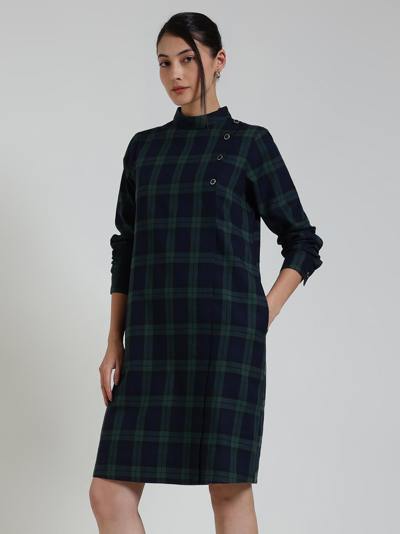 Cotton Checkered Shift Dress - Blue