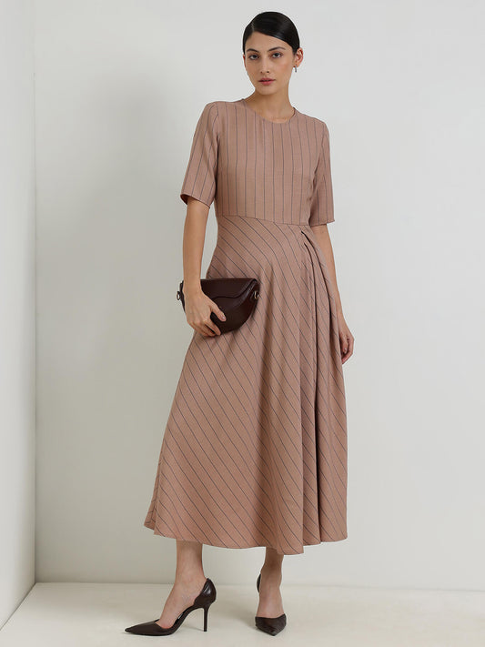 Striped Fit & Flare Dress - Beige