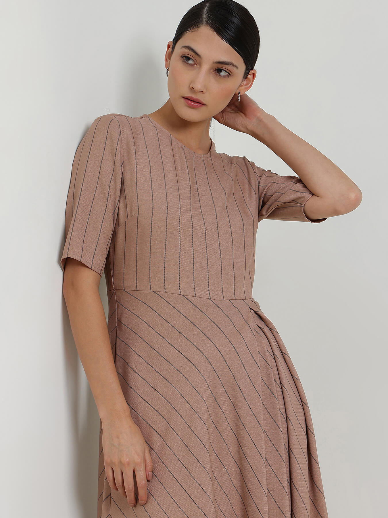Striped Fit & Flare Dress - Beige