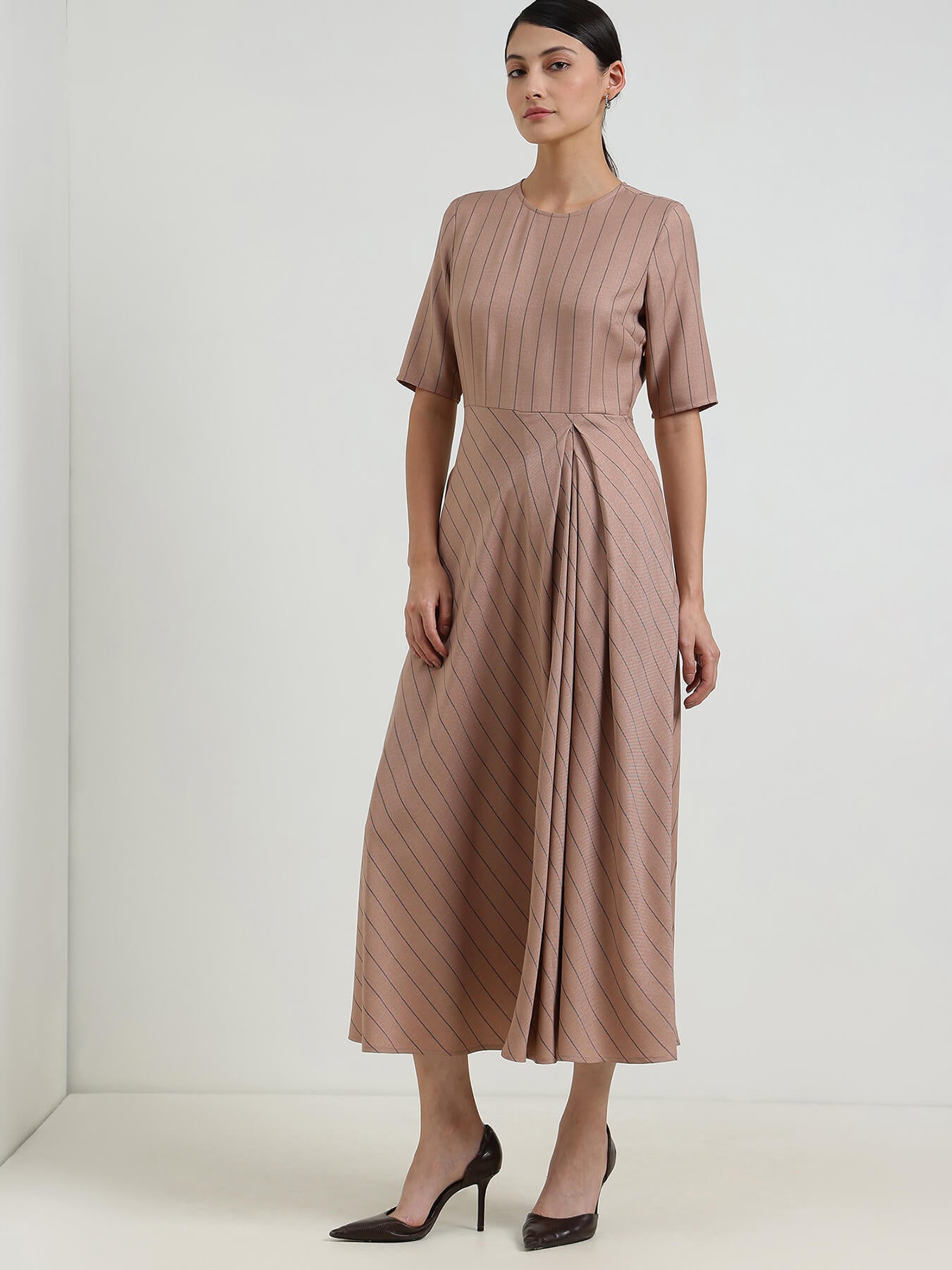 Striped Fit & Flare Dress - Beige