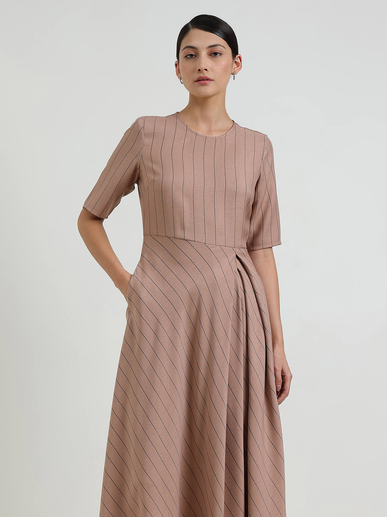 Striped Fit & Flare Dress - Beige