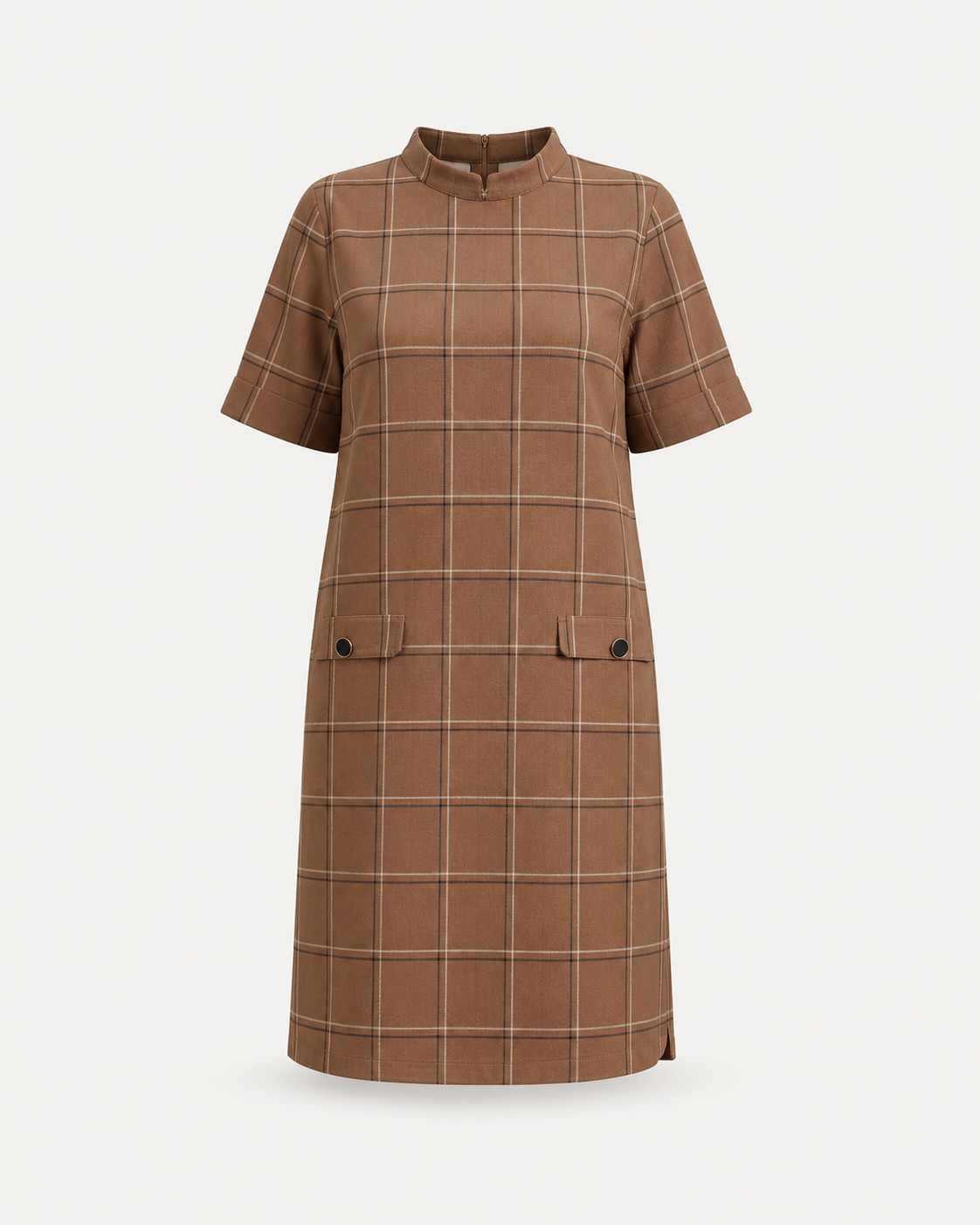 Cotton Plaid Shift Dress - Brown