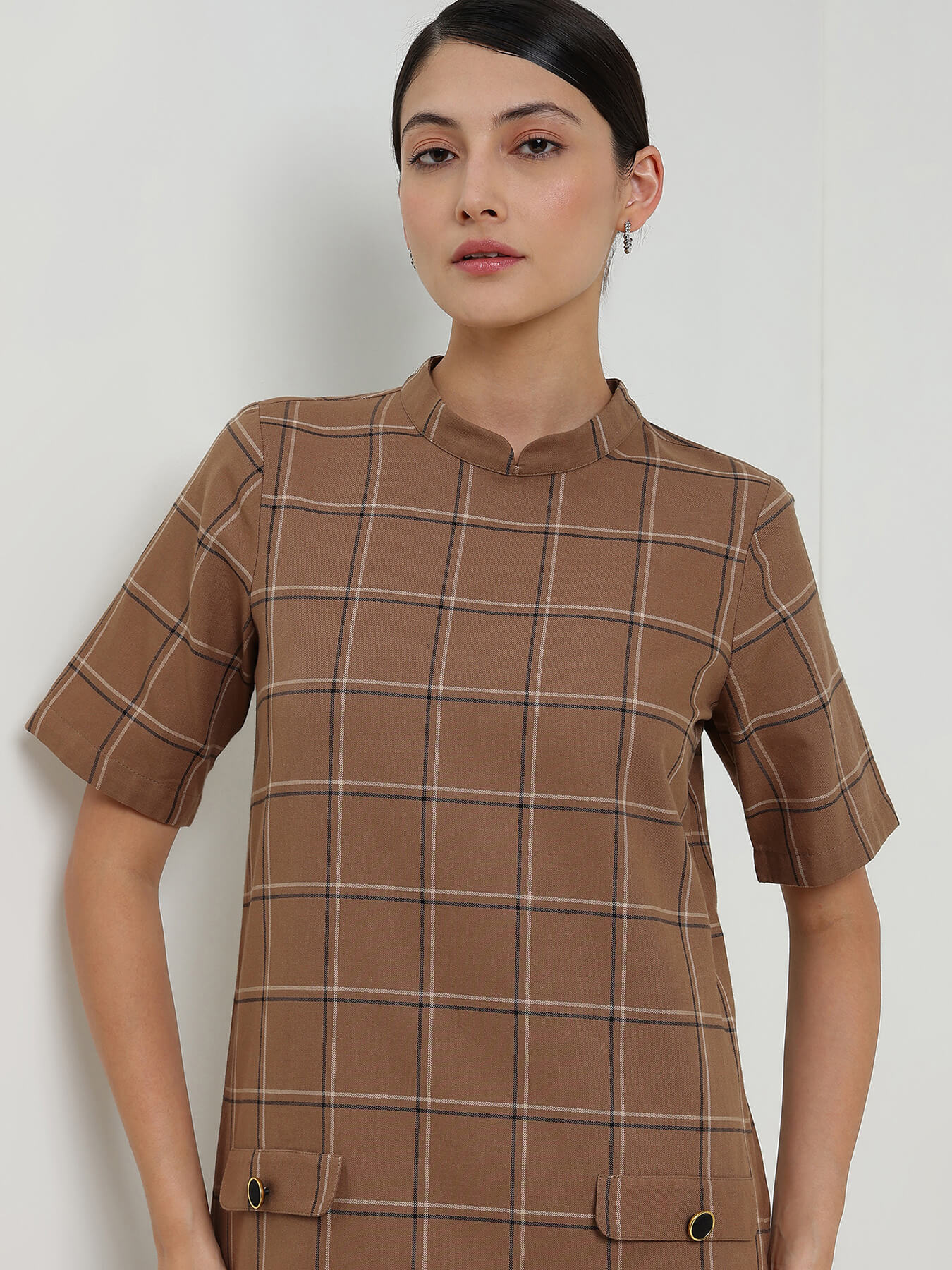Cotton Plaid Shift Dress - Brown