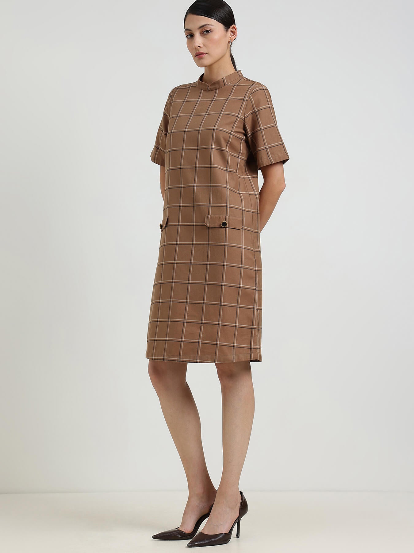 Cotton Plaid Shift Dress - Brown