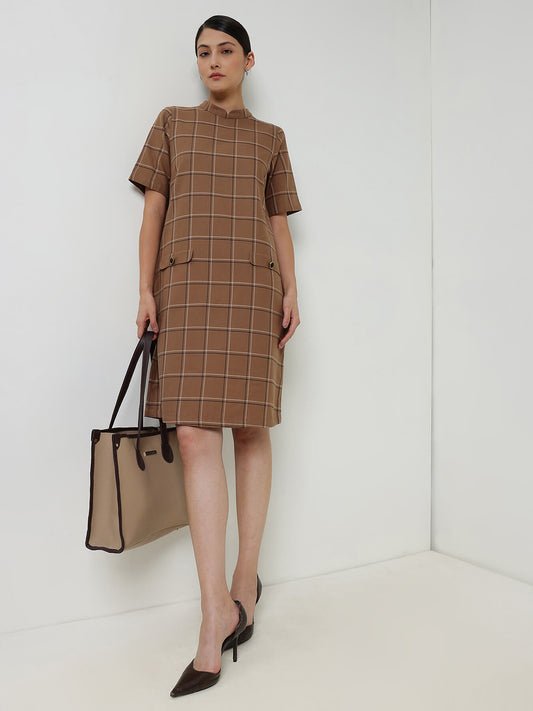 Cotton Plaid Shift Dress - Brown