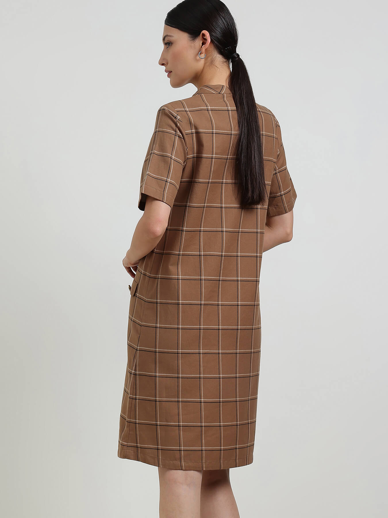 Cotton Plaid Shift Dress - Brown