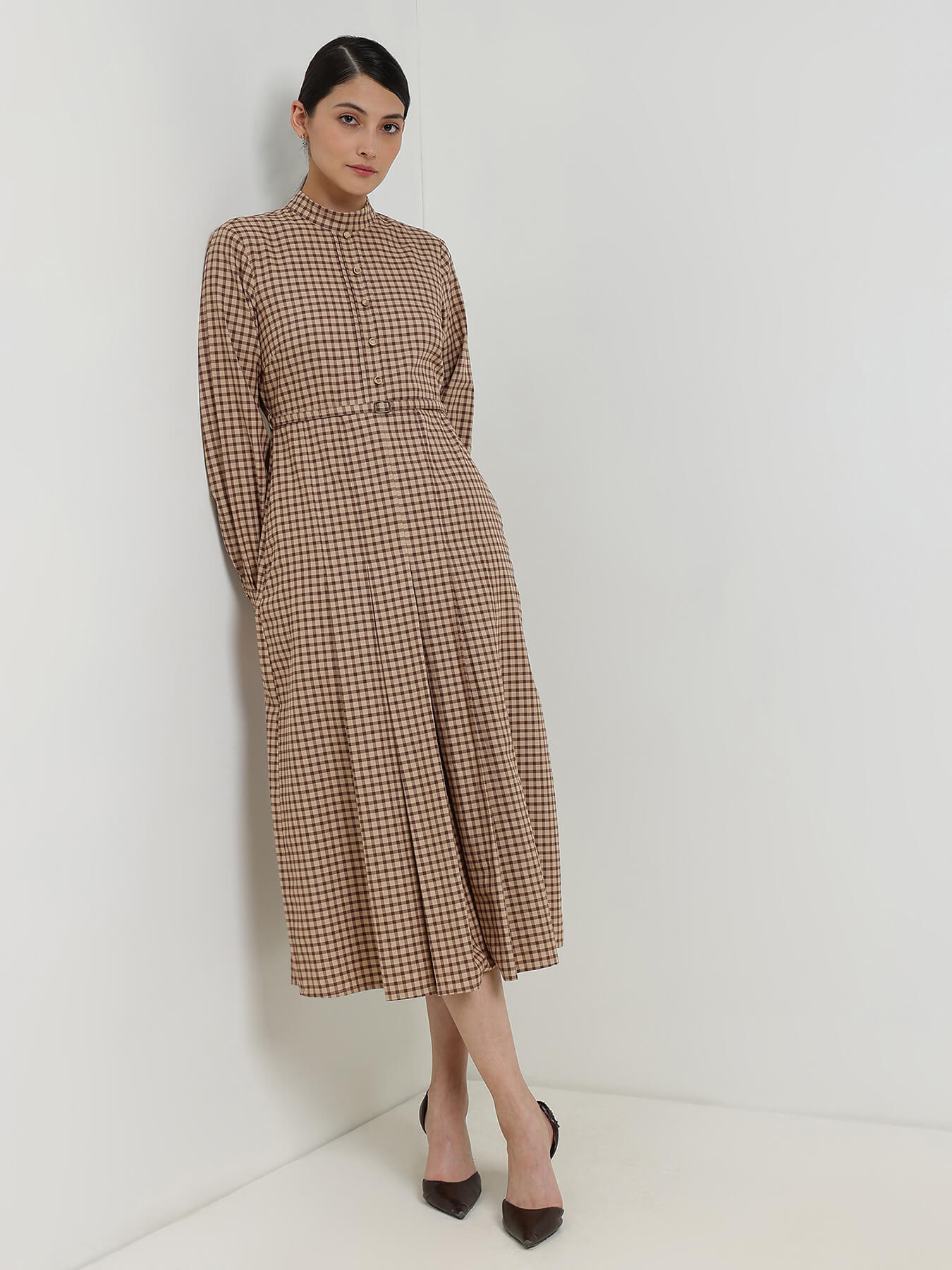 Cotton Fit & Flare Gingham Dress - Brown