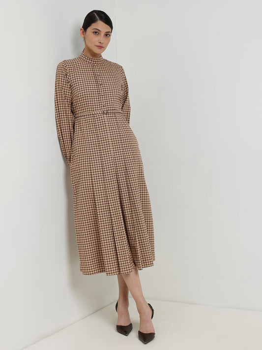 Cotton Fit & Flare Gingham Dress - Brown