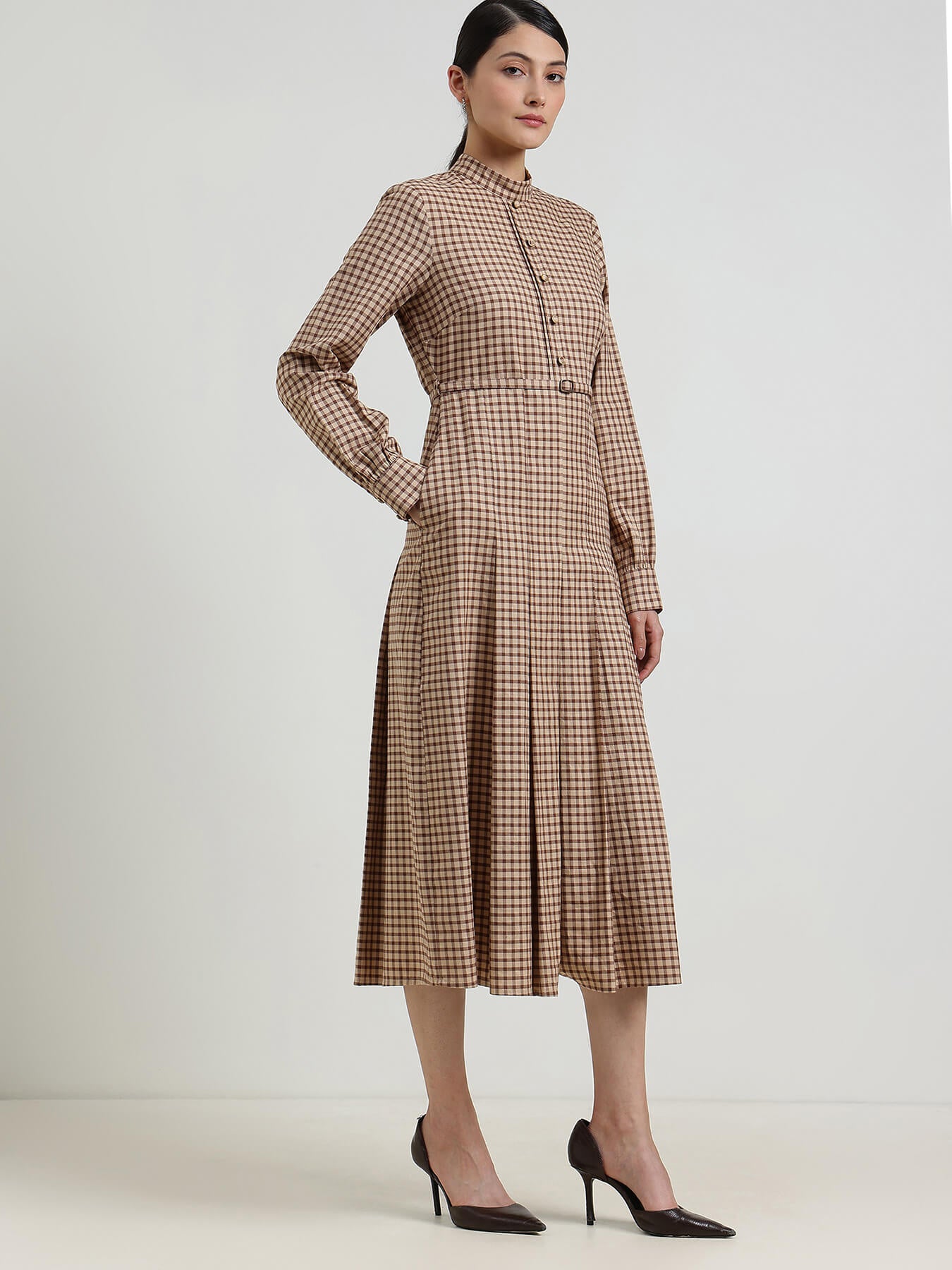 Cotton Fit & Flare Gingham Dress - Brown