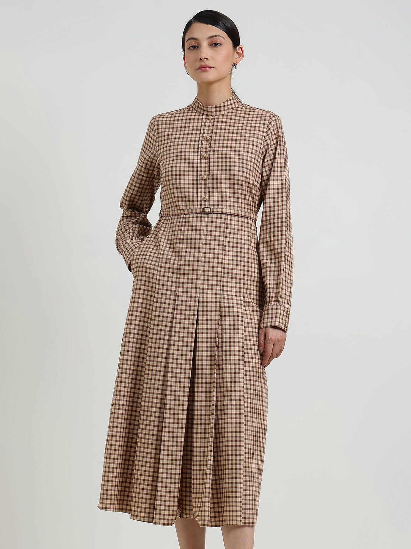 Cotton Fit & Flare Gingham Dress - Brown