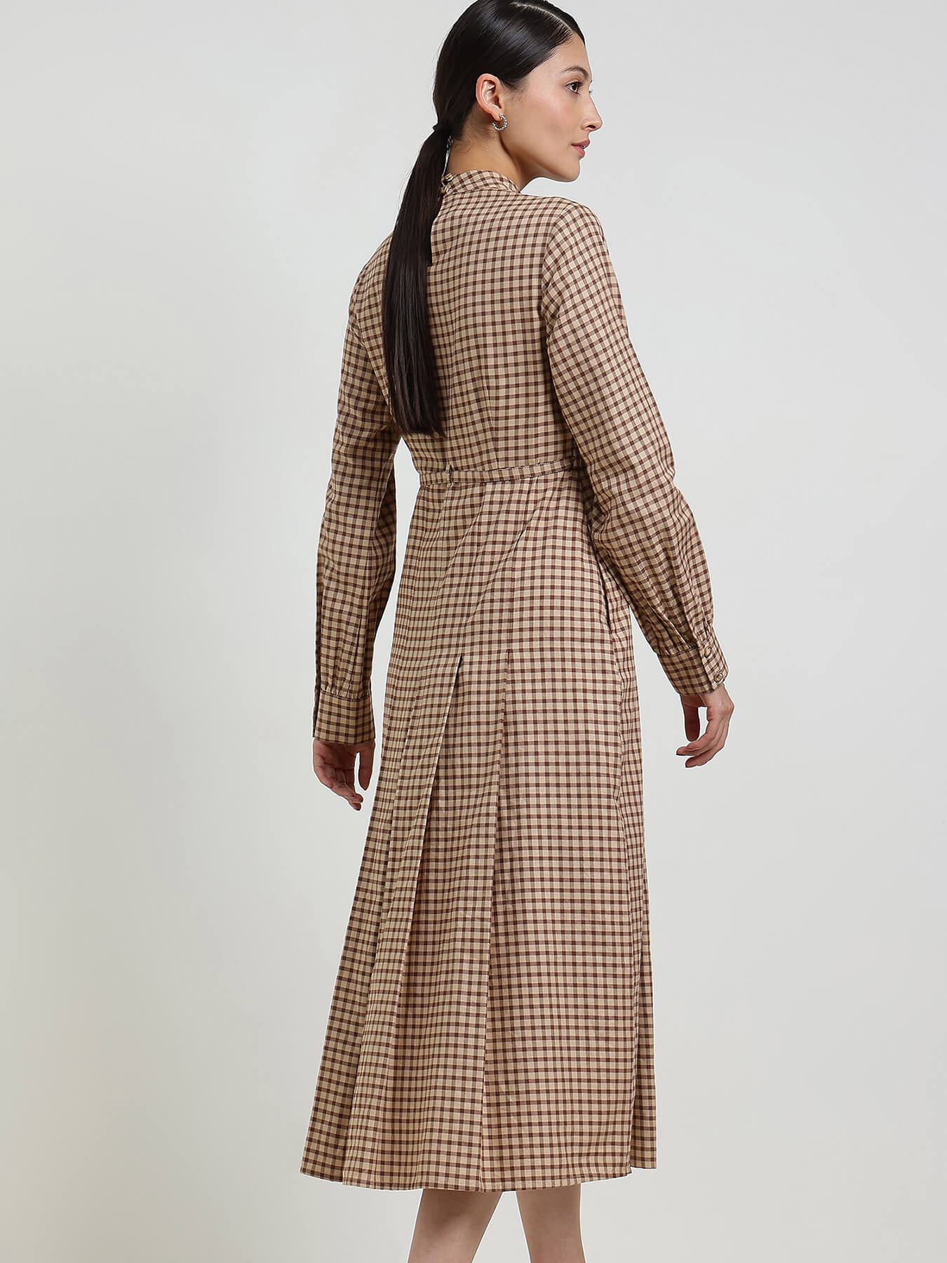 Cotton Fit & Flare Gingham Dress - Brown