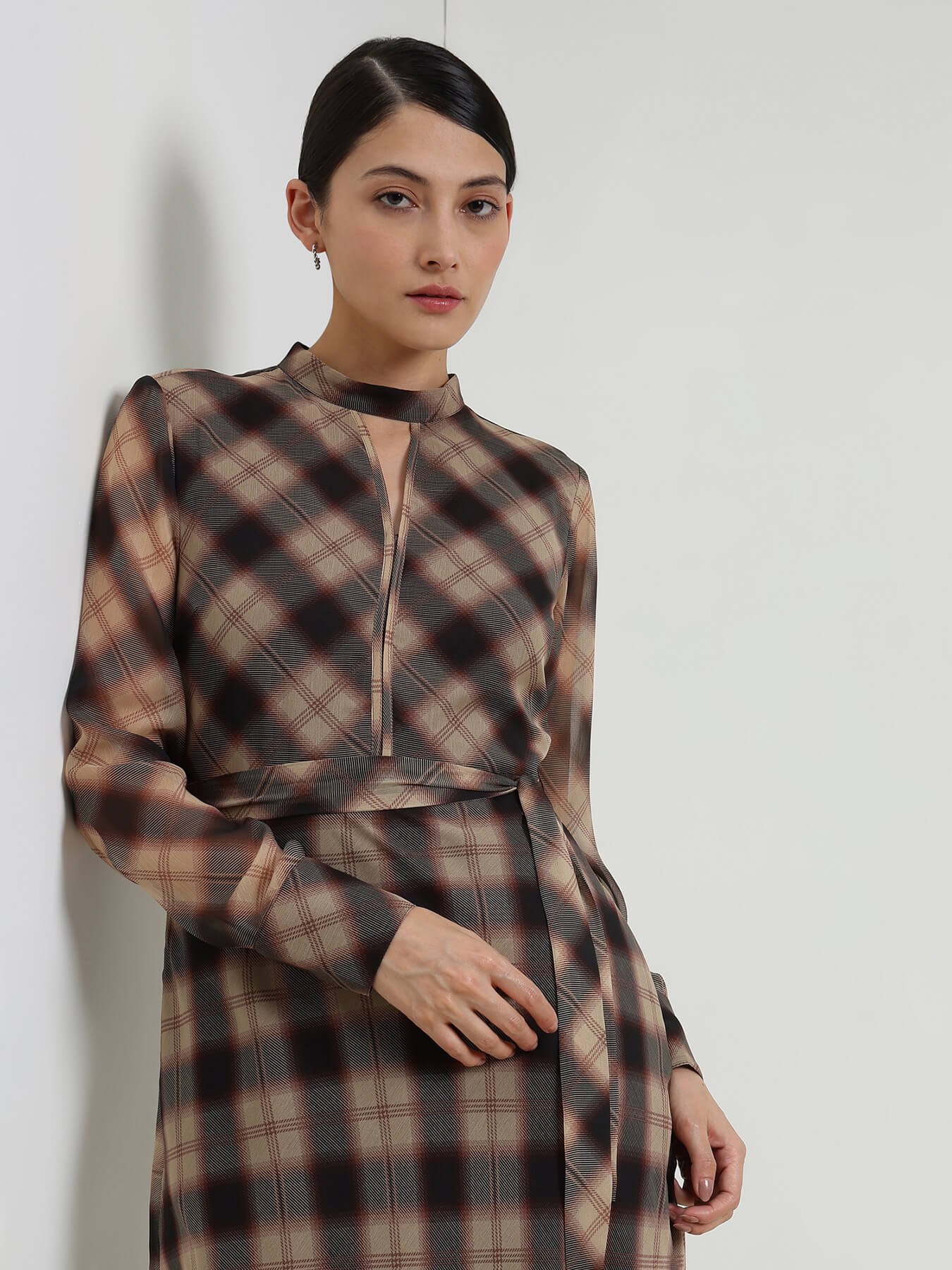 A-Line Plaid Dress - Beige