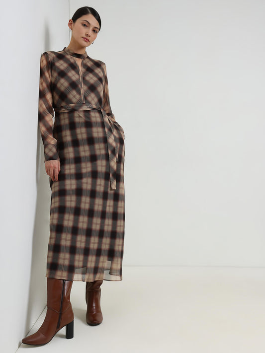 A-Line Plaid Dress - Beige