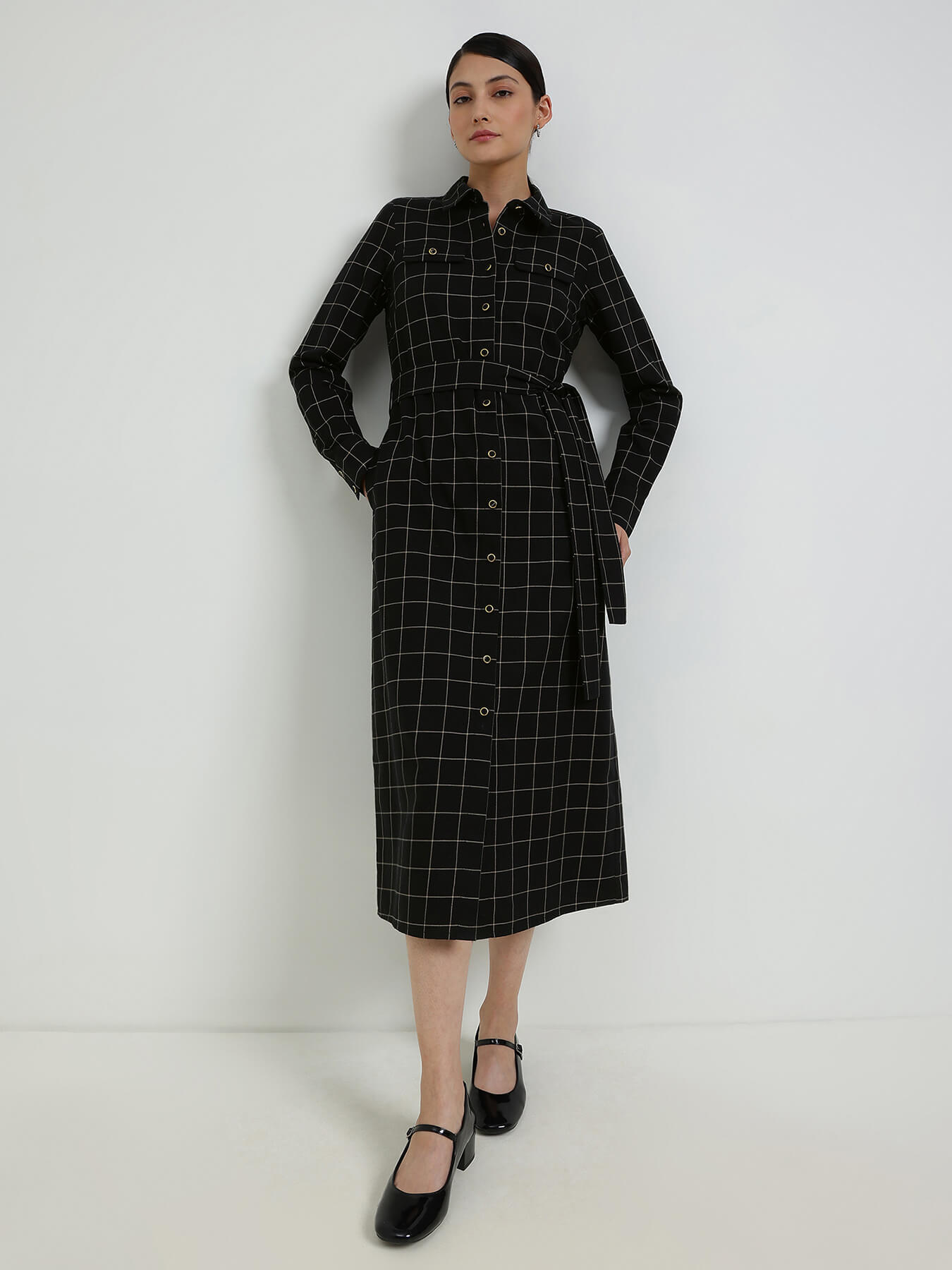 Cotton Plaid Shirt Dress - Black