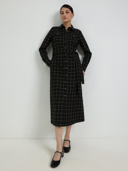 Cotton Plaid Shirt Dress - Black