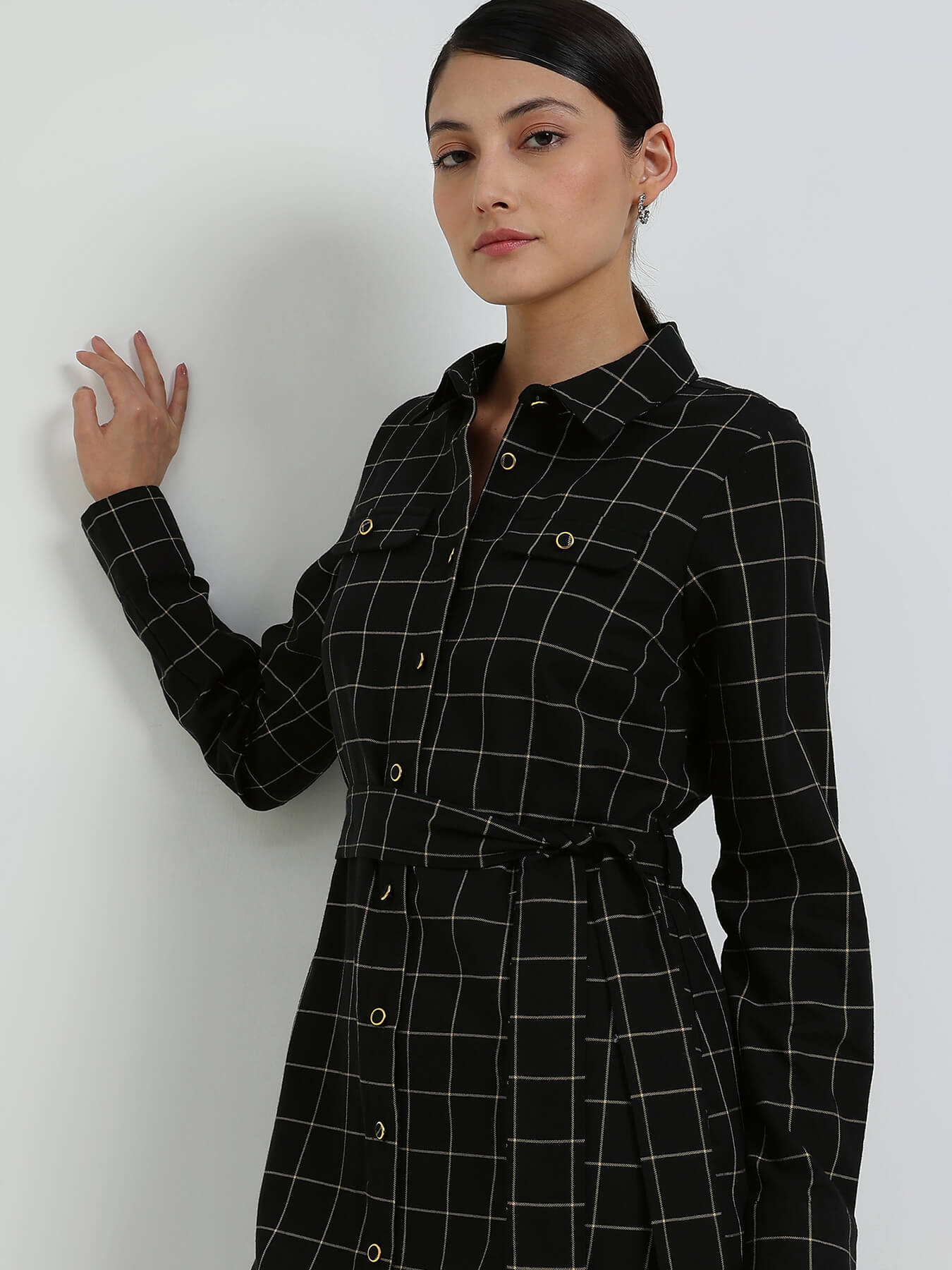 Cotton Plaid Shirt Dress - Black