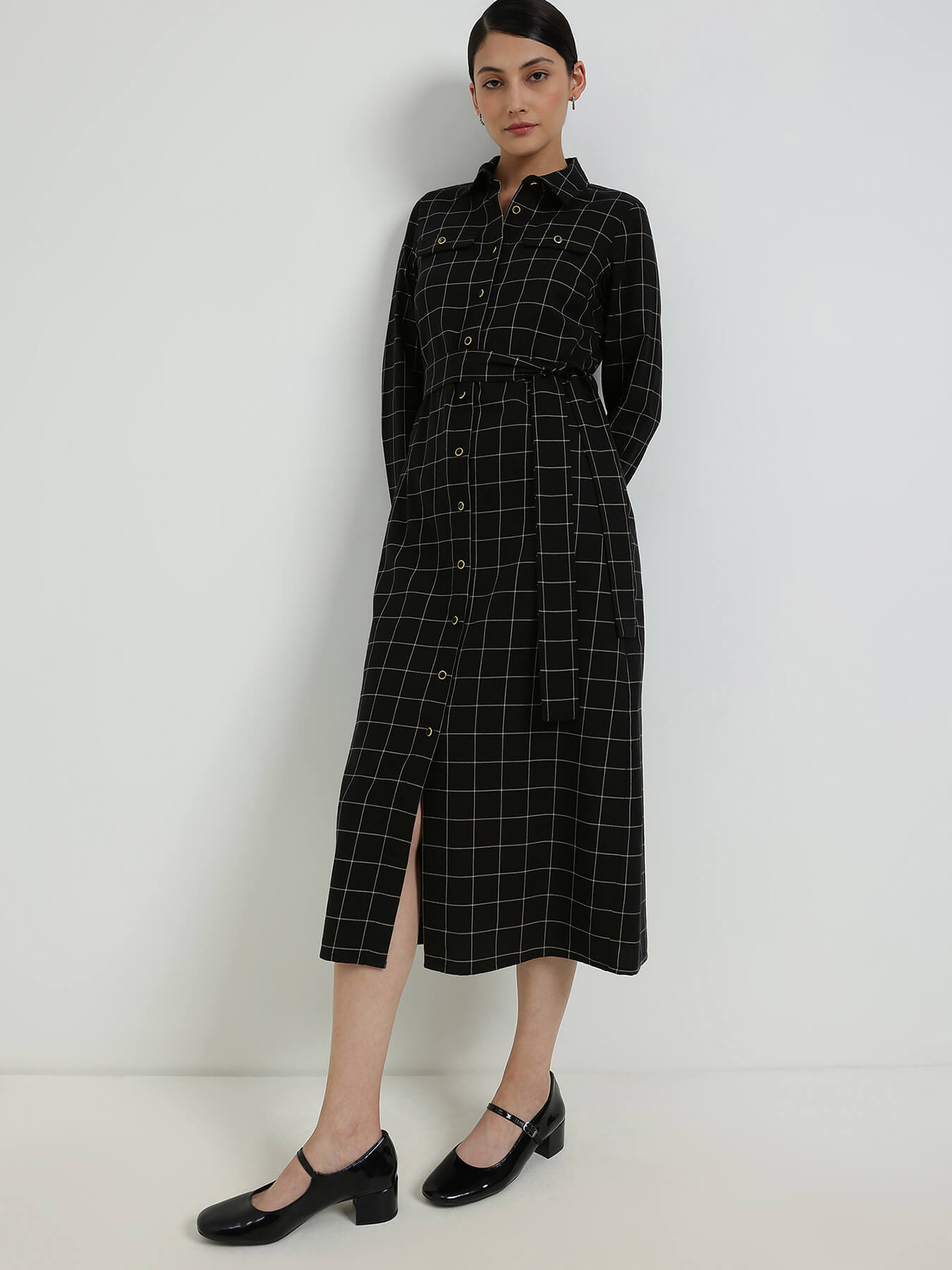 Cotton Plaid Shirt Dress - Black