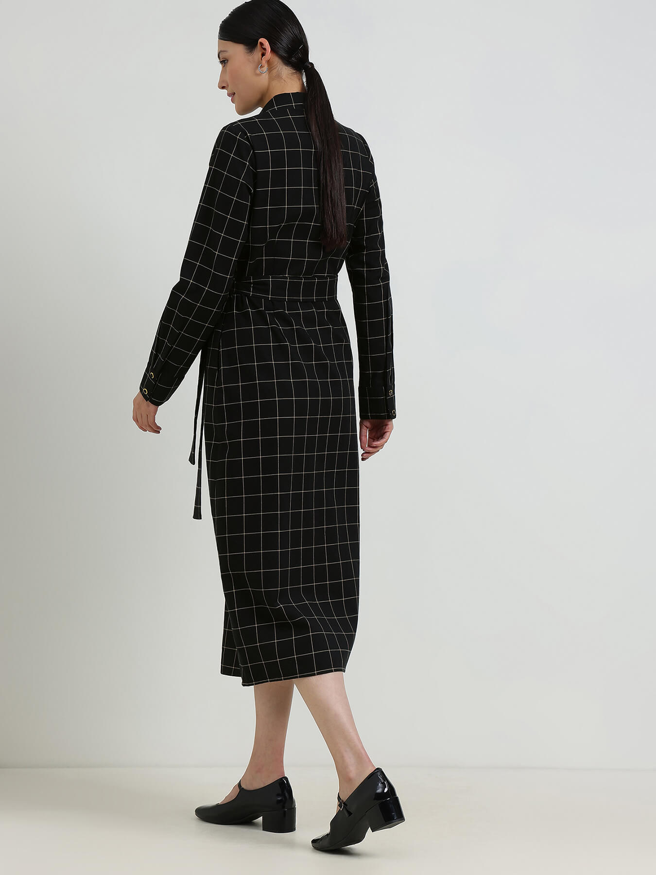 Cotton Plaid Shirt Dress - Black