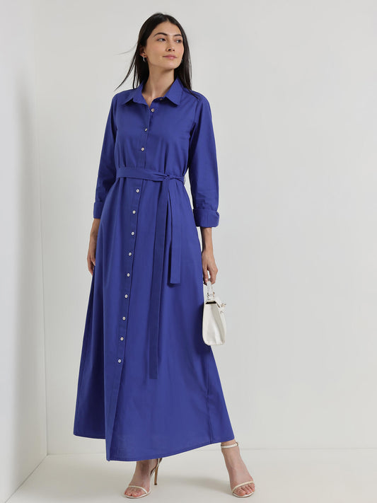 Cotton A-Line Buttondown Maxi Dress - Blue
