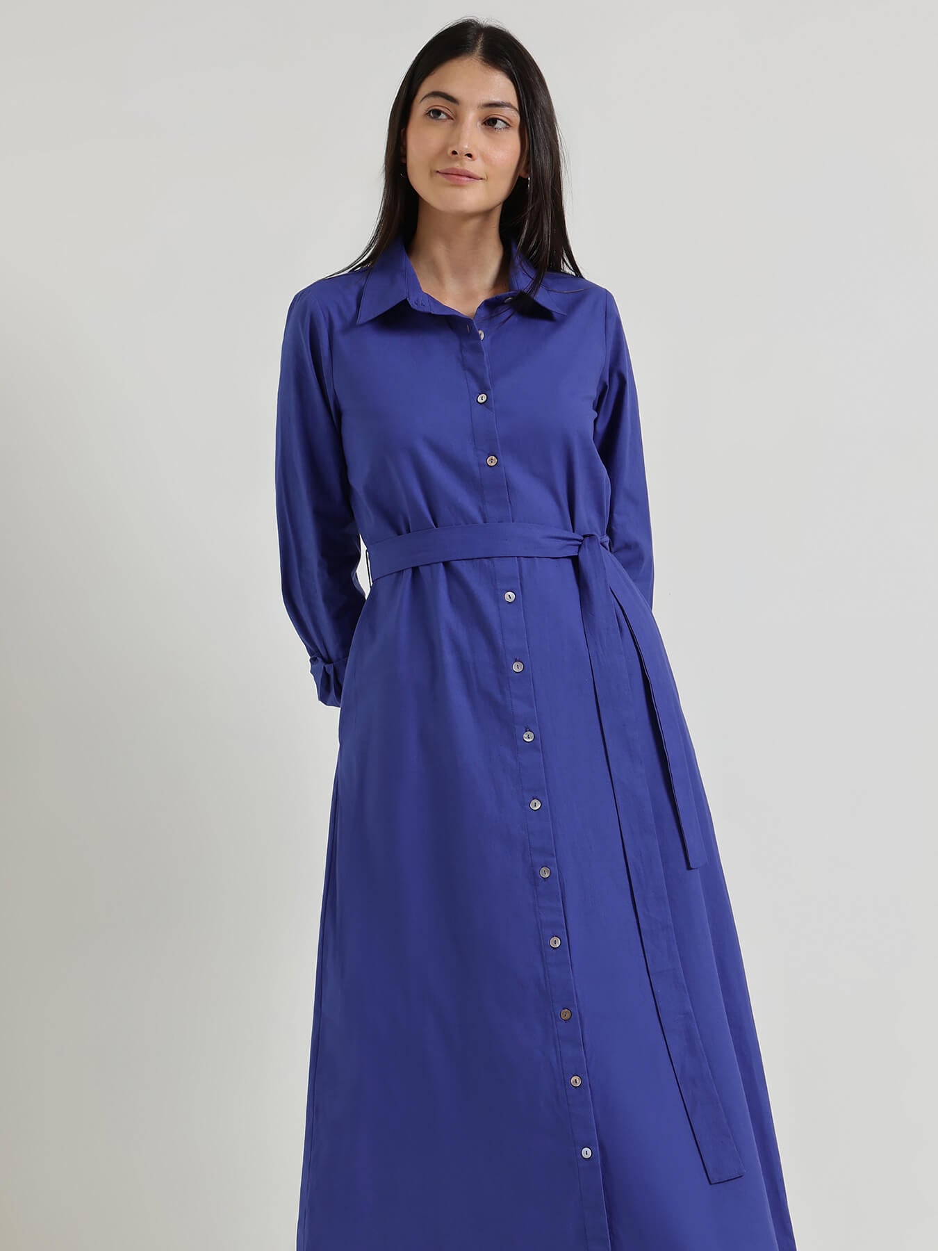 Cotton A-Line Buttondown Maxi Dress - Blue