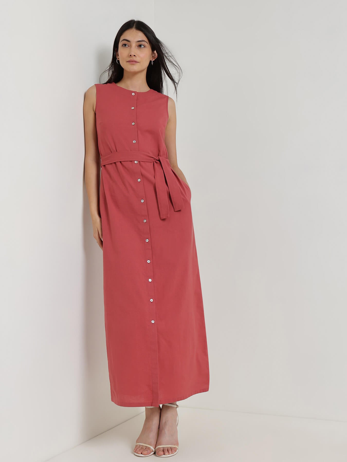 Cotton Buttondown Shift Maxi Dress - Red