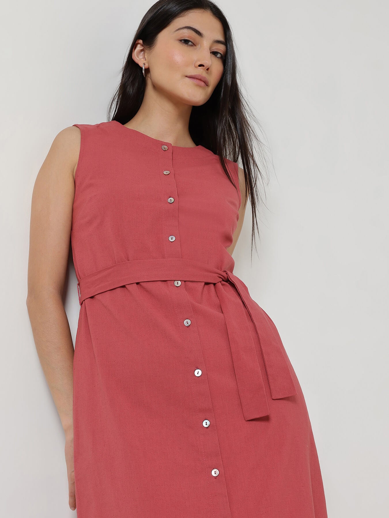 Cotton Buttondown Shift Maxi Dress - Red