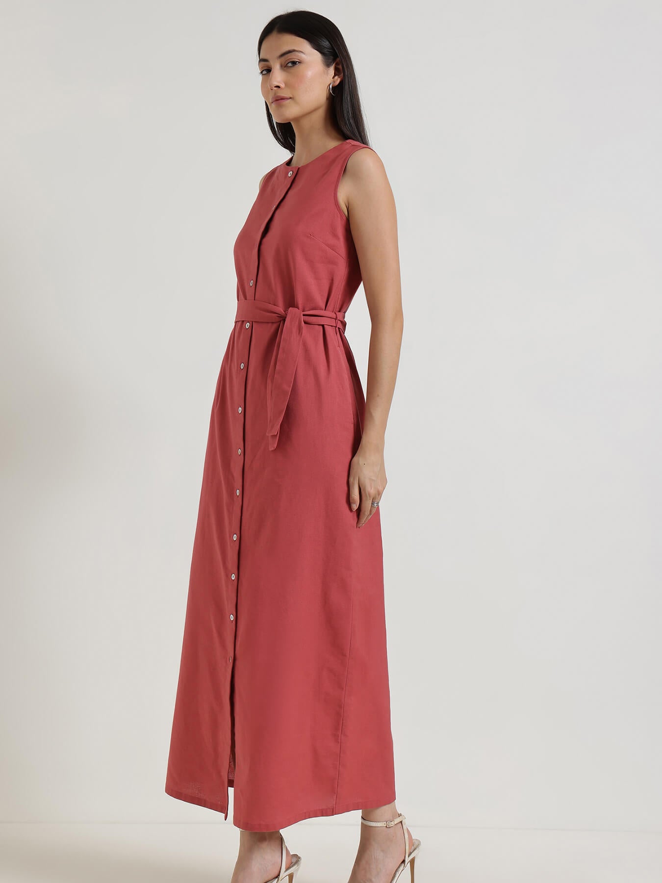 Cotton Buttondown Shift Maxi Dress - Red