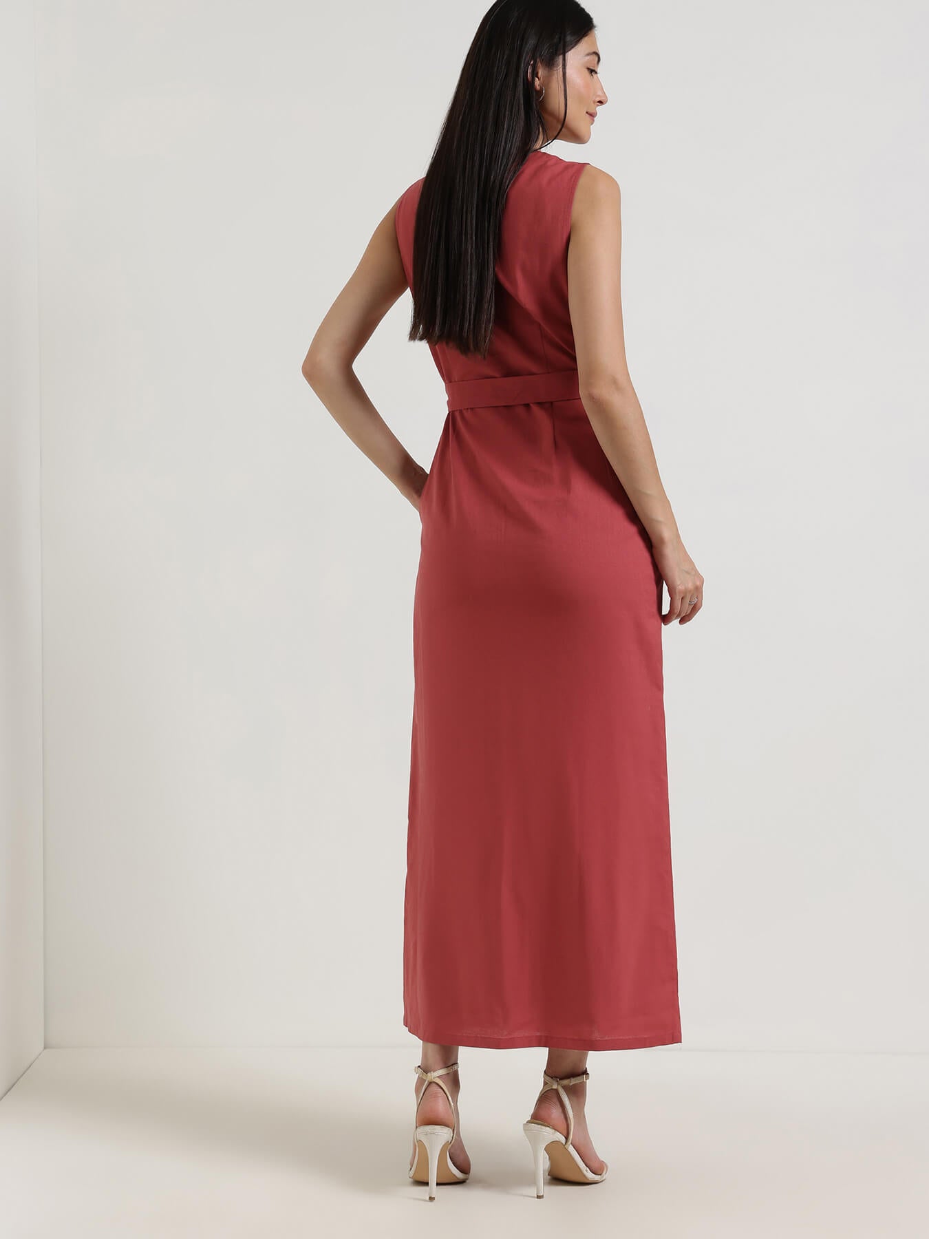 Cotton Buttondown Shift Maxi Dress - Red