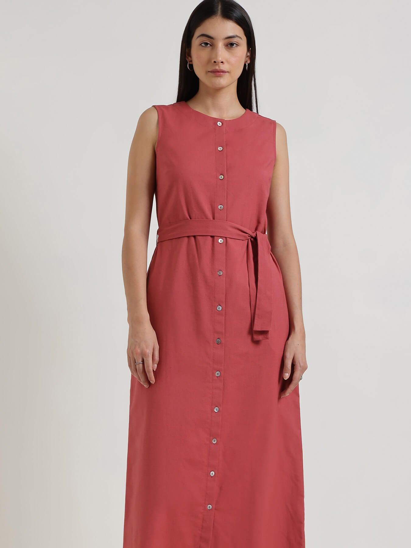 Cotton Buttondown Shift Maxi Dress - Red
