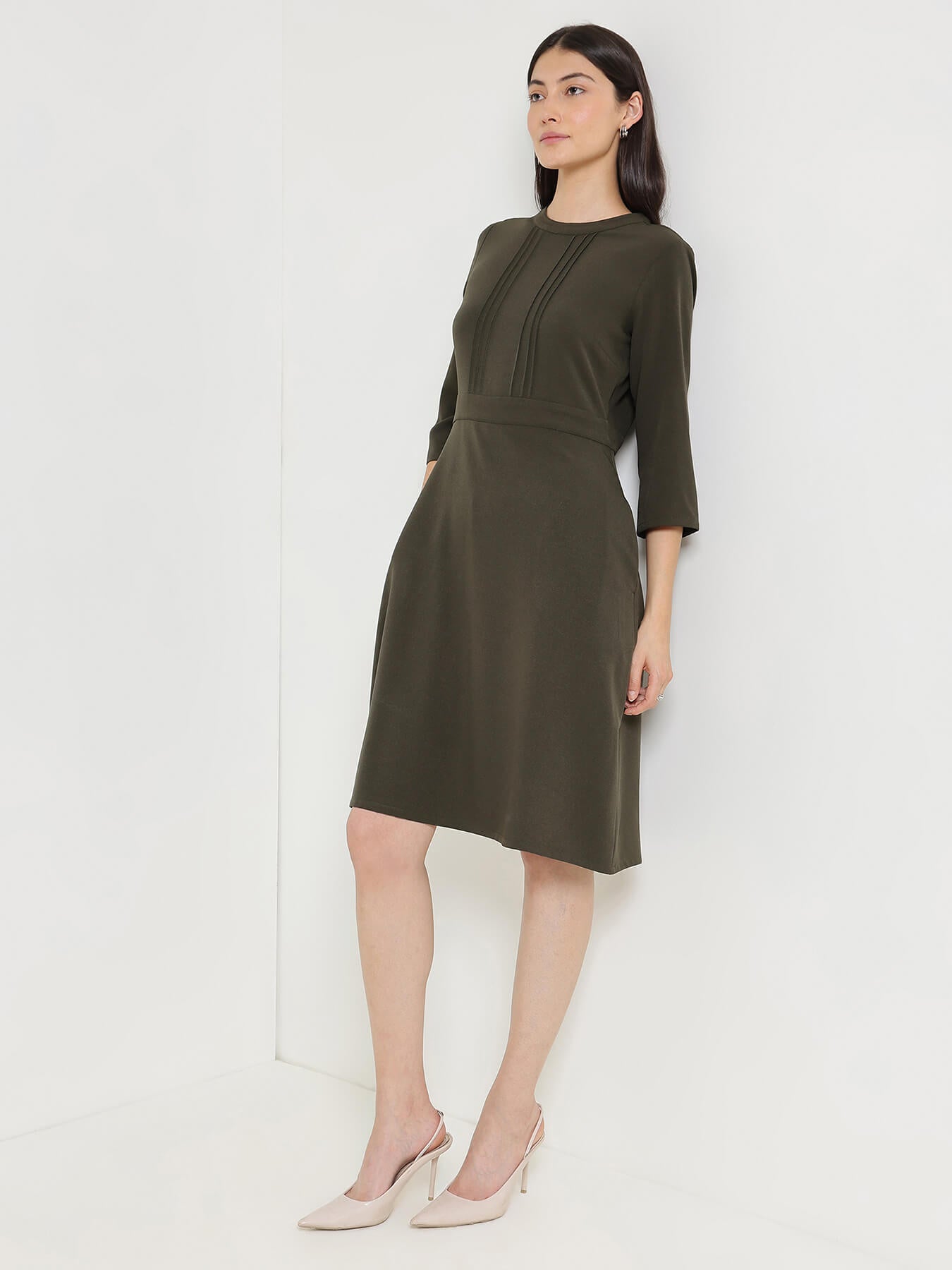 Pintuck Detail A-Line Dress - Olive