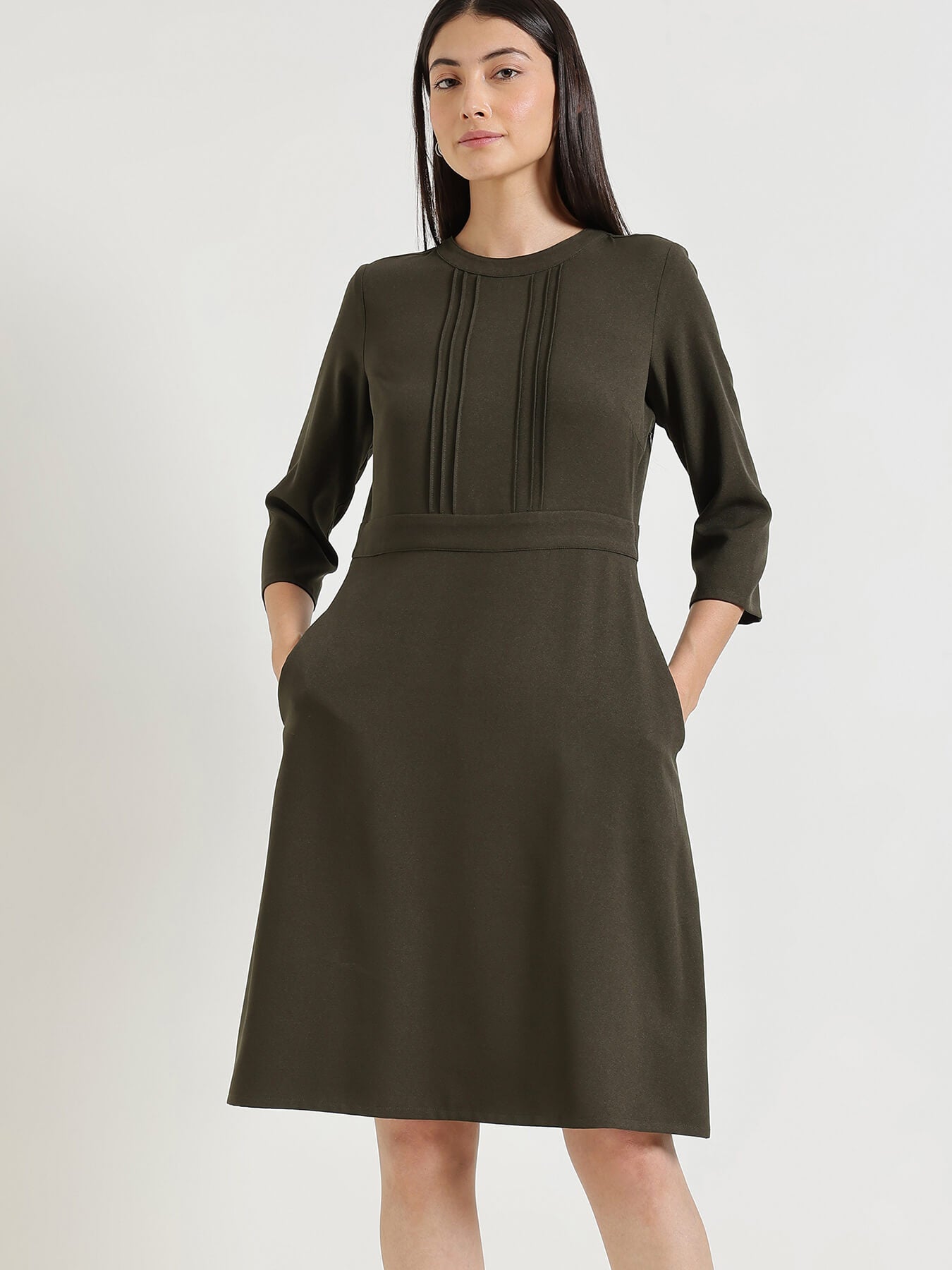 Pintuck Detail A-Line Dress - Olive