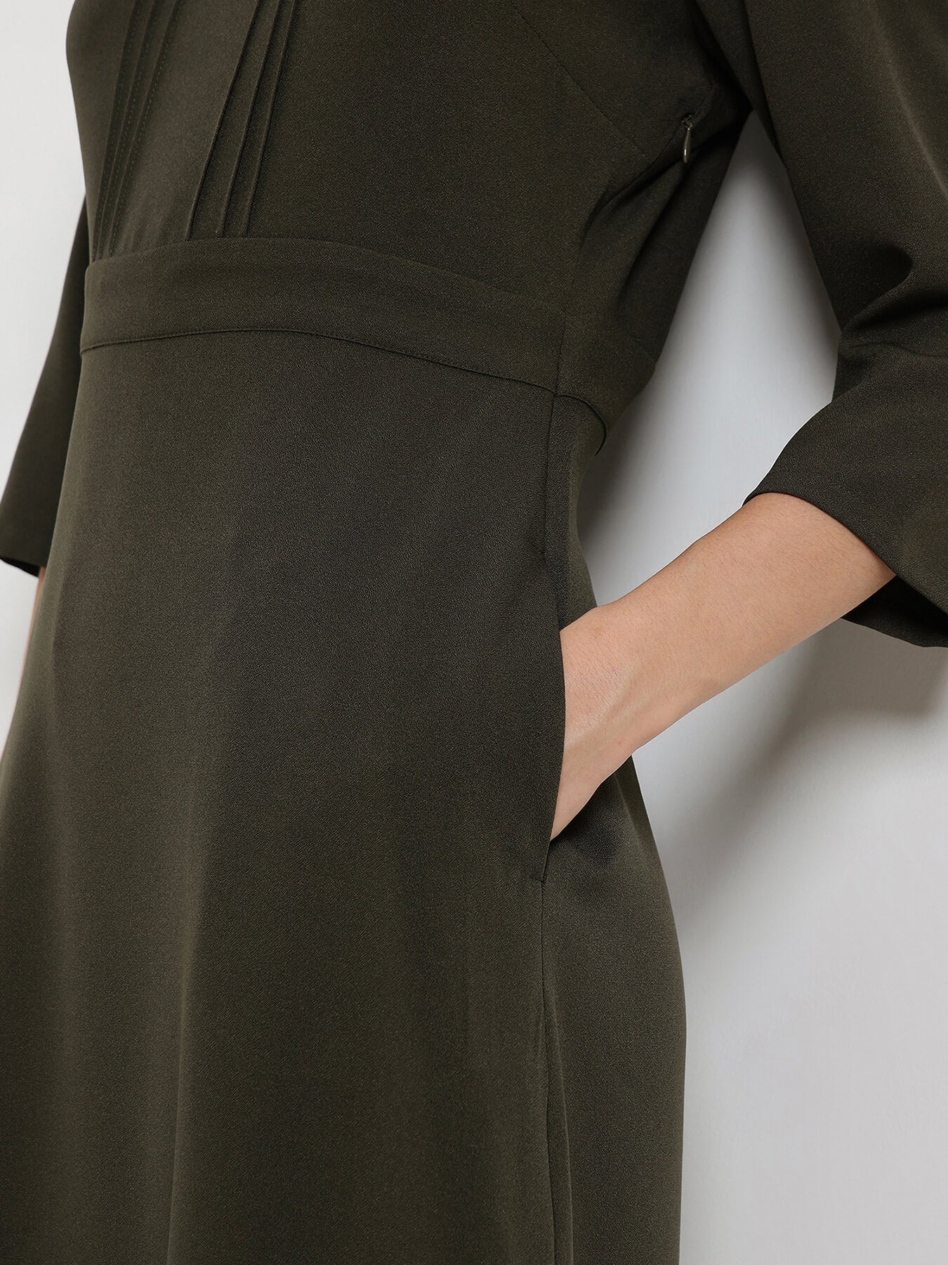 Pintuck Detail A-Line Dress - Olive