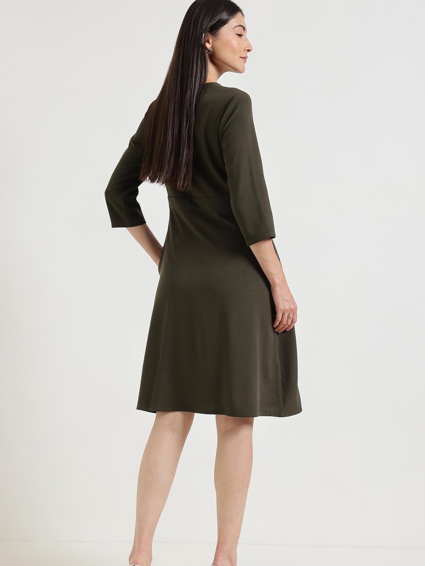 Pintuck Detail A-Line Dress - Olive
