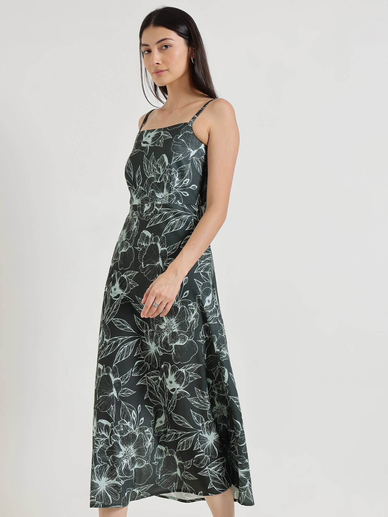 Floral A-Line Midi Dress - Charcoal