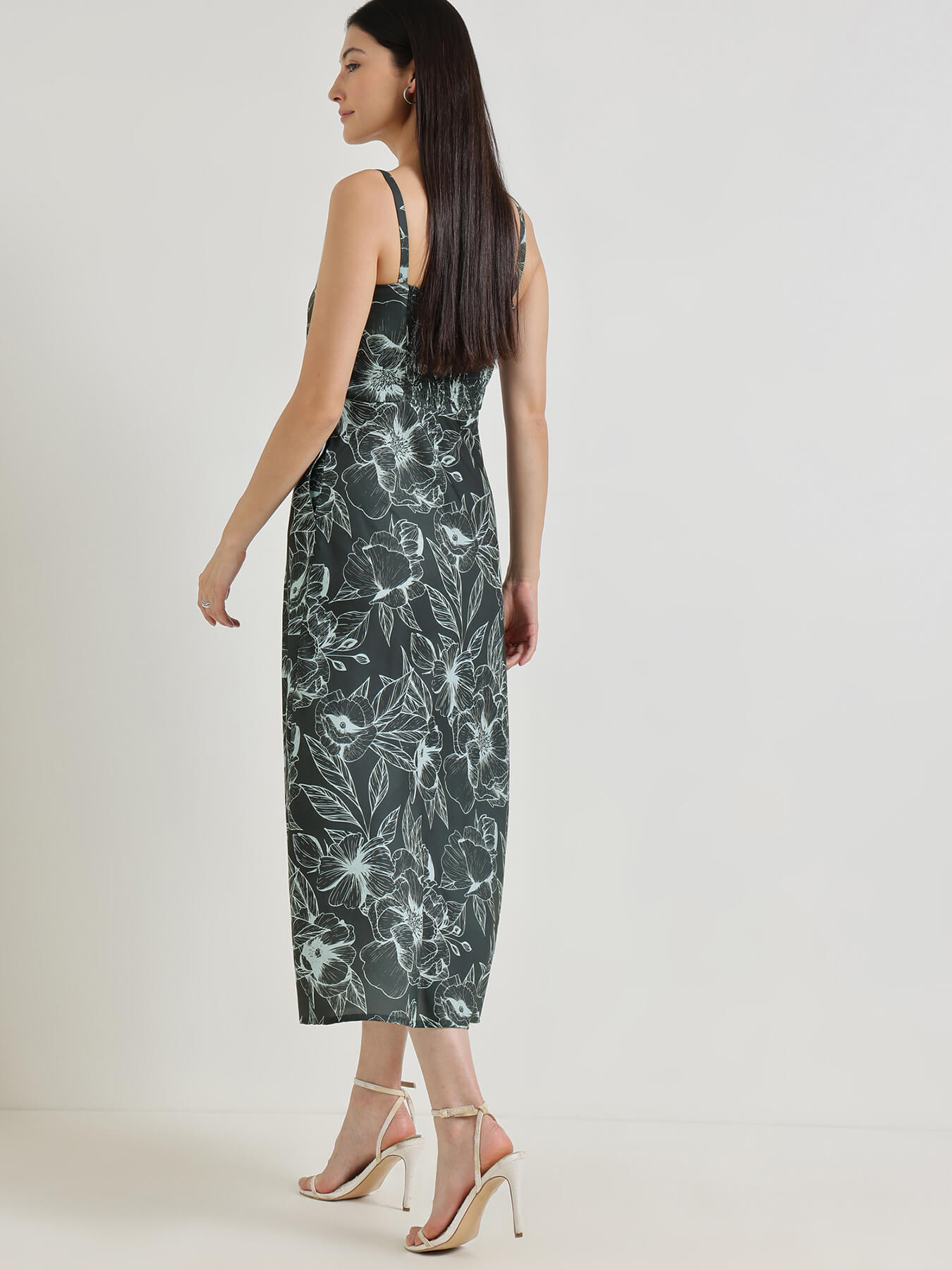 Floral A-Line Midi Dress - Charcoal