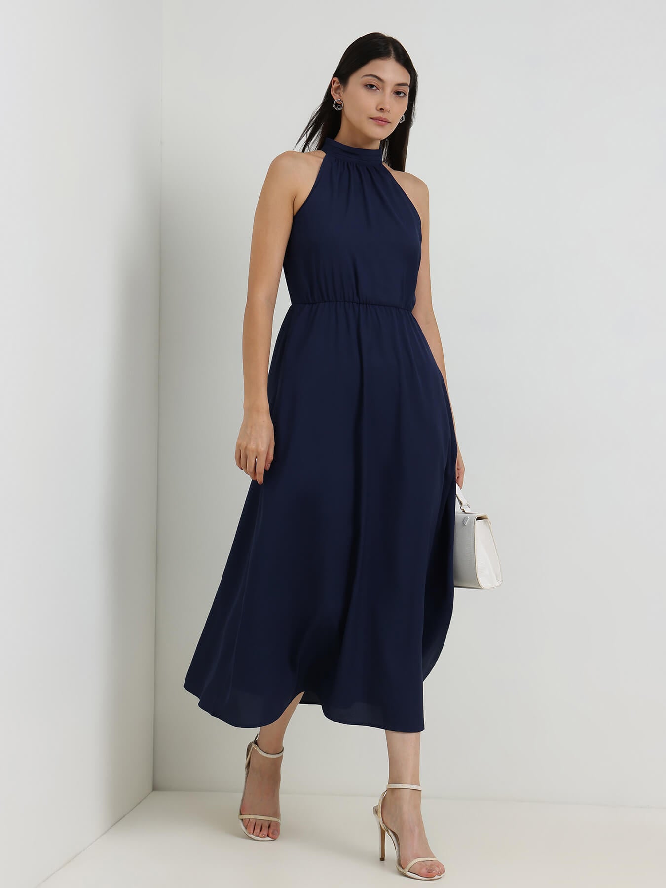 Halter Neck Fit & Flare Dress - Navy Blue