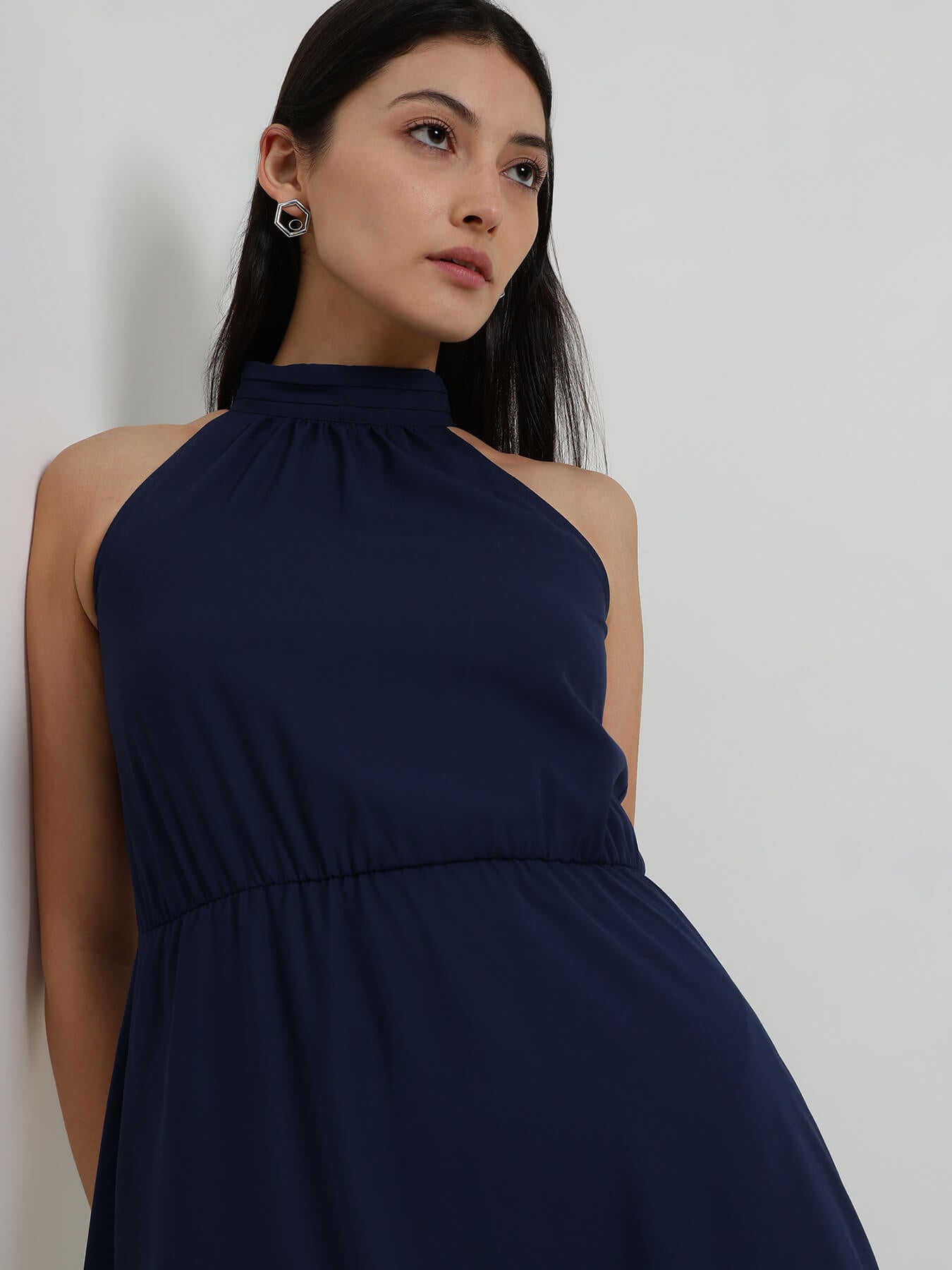 Halter Neck Fit & Flare Dress - Navy Blue